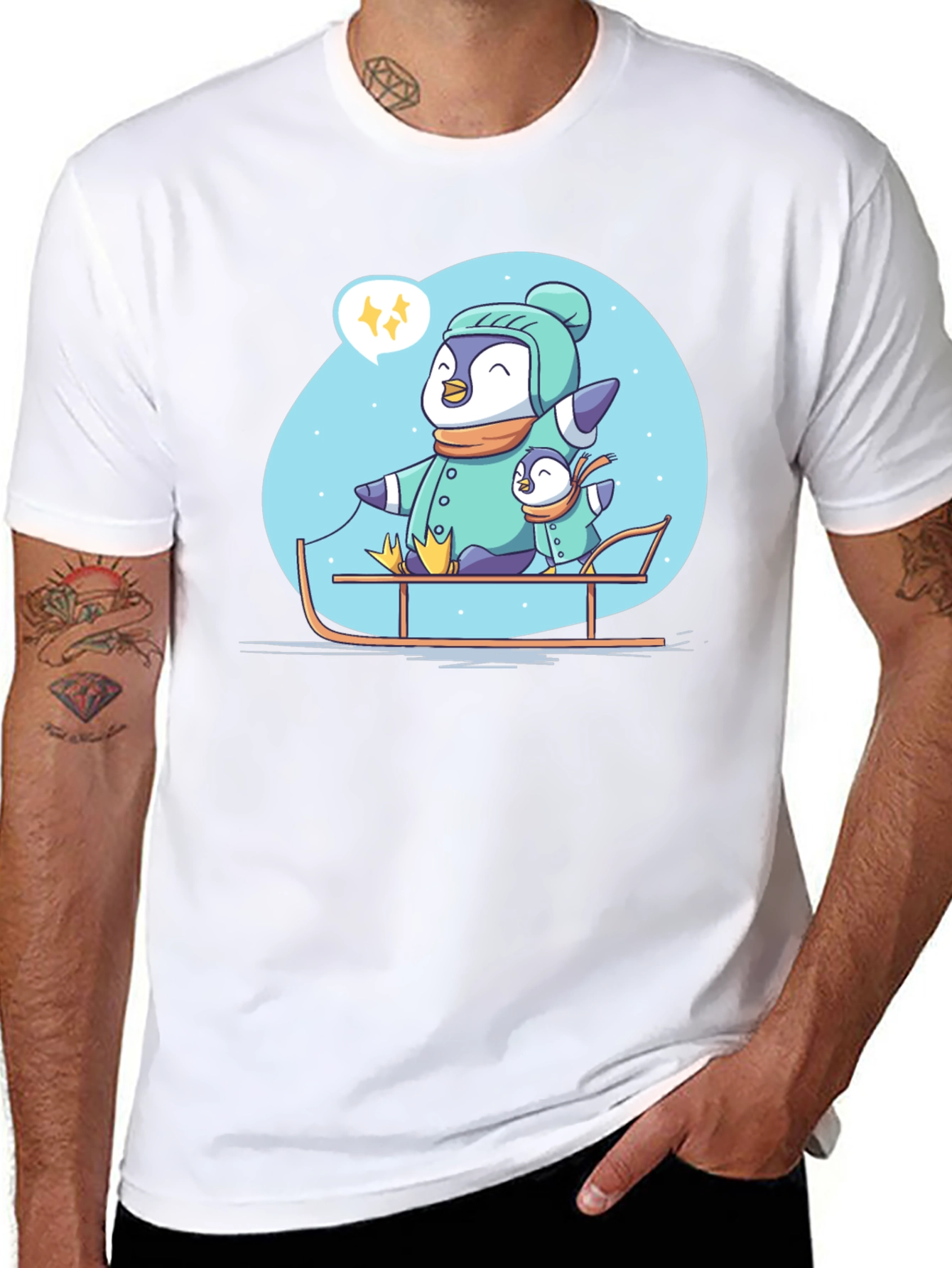 Penguin Family Sledding Graphic Tee