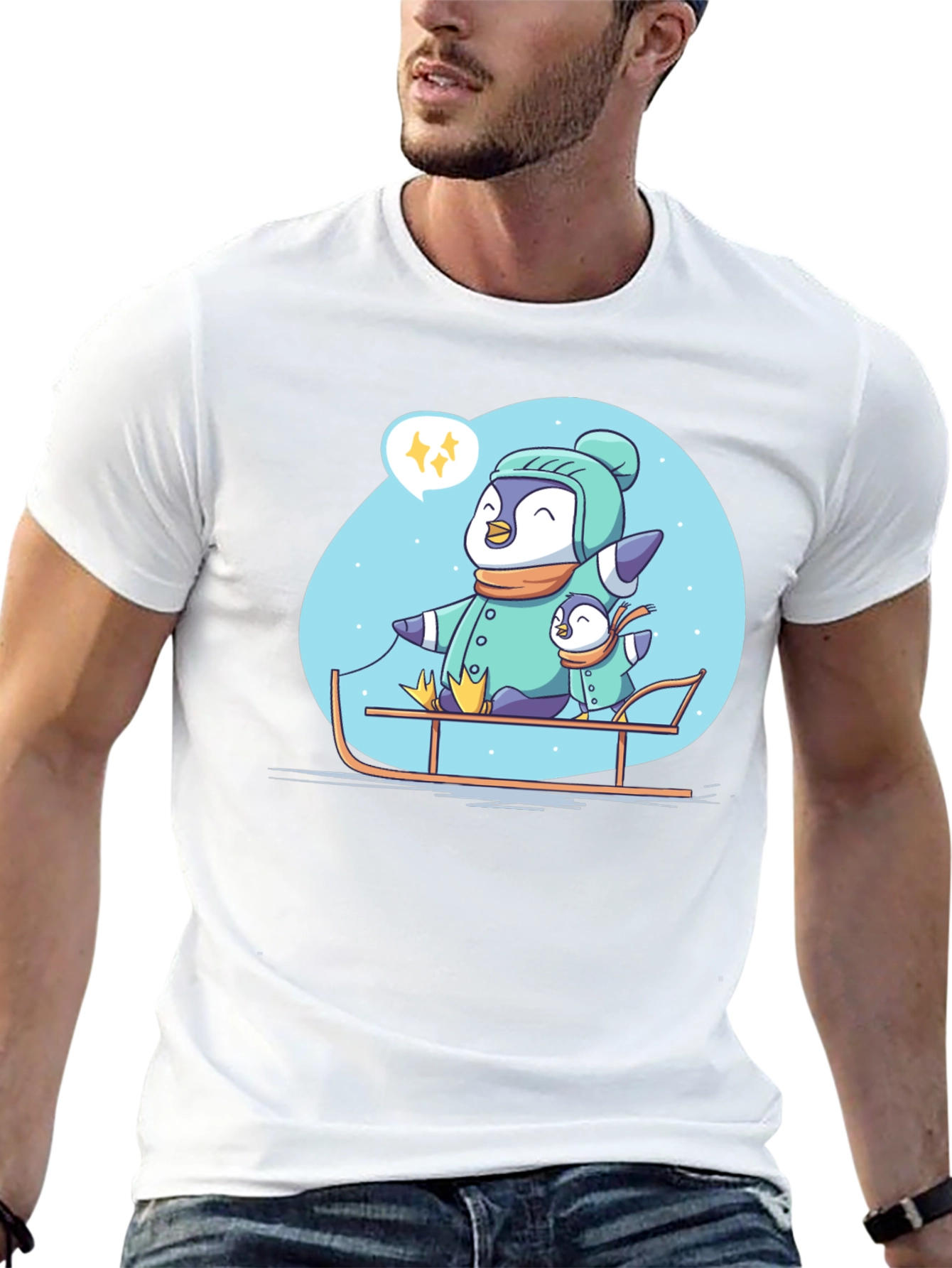 Penguin Family Sledding Graphic Tee