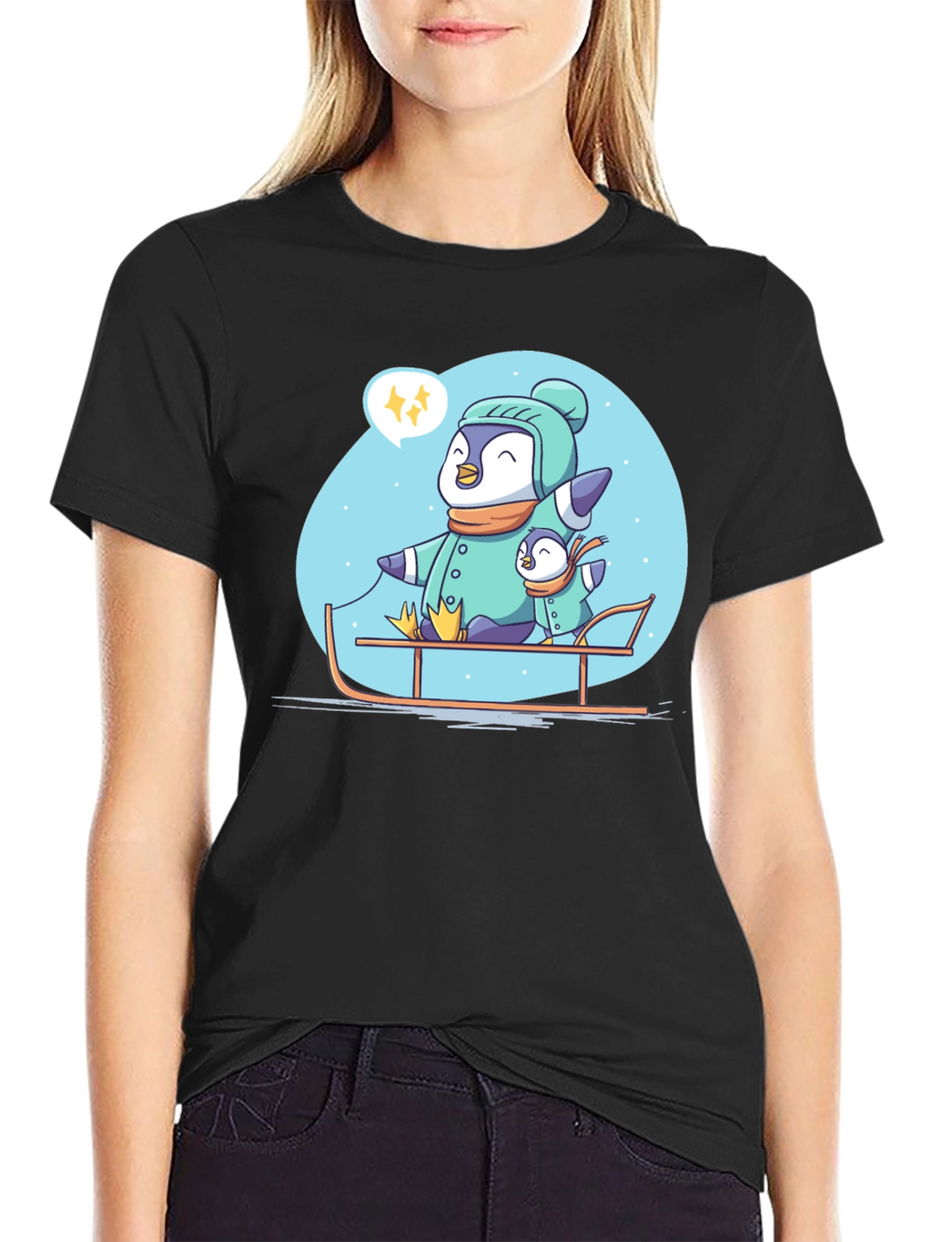 Penguin Family Sledding Graphic Tee