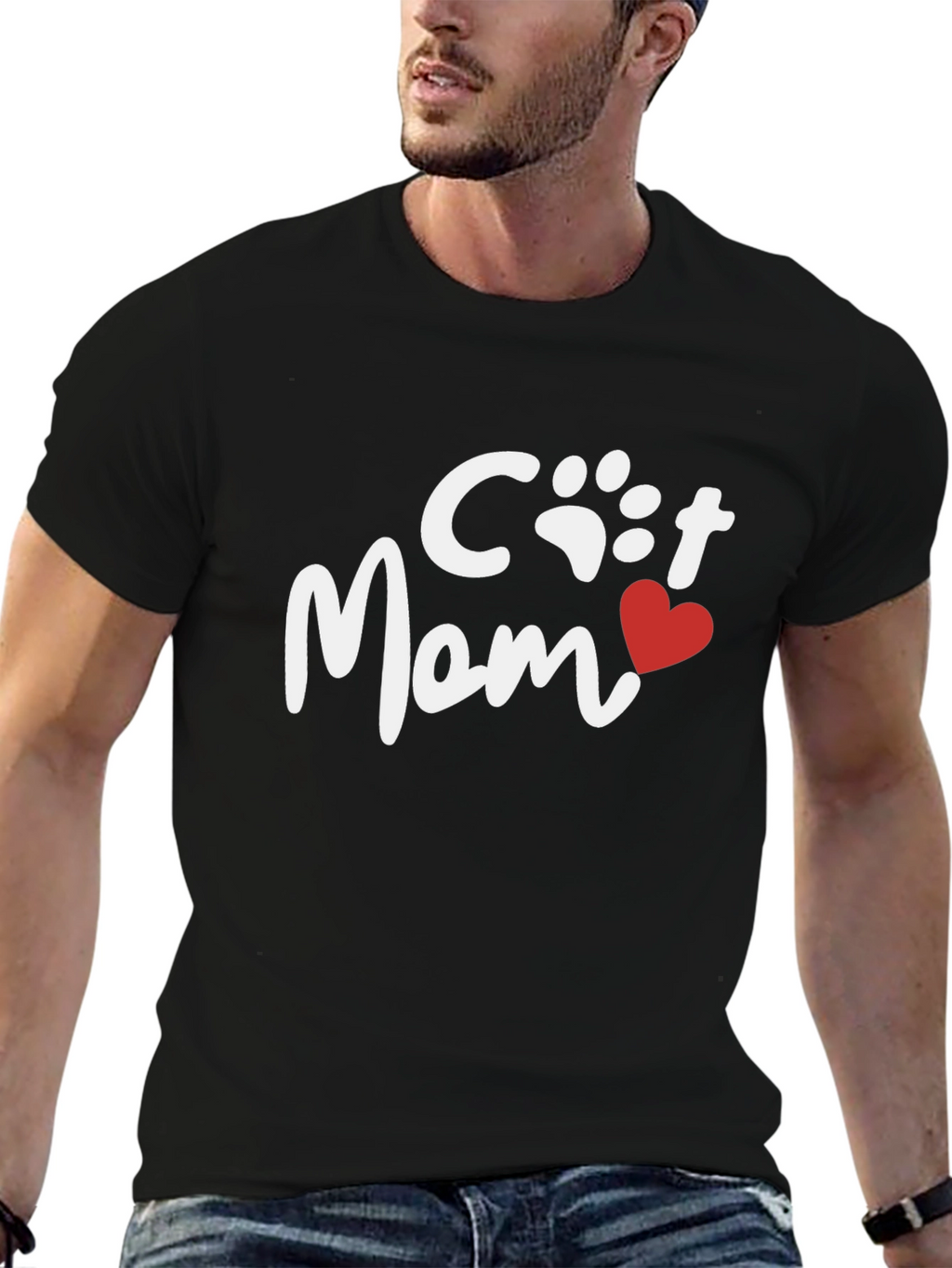 Cat Mom Tee - Heart Paw Print Graphic Shirt