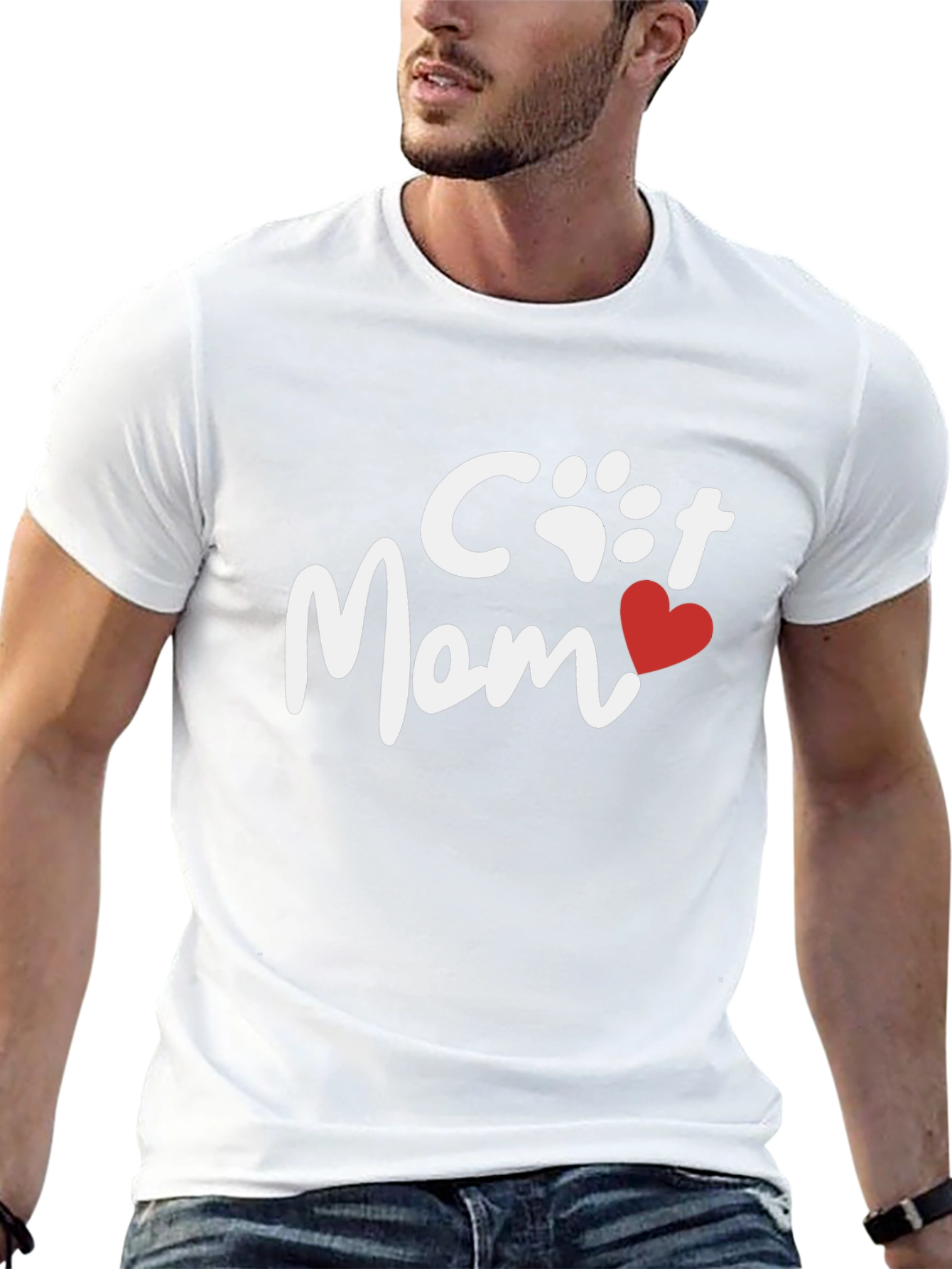 Cat Mom Tee - Heart Paw Print Graphic Shirt