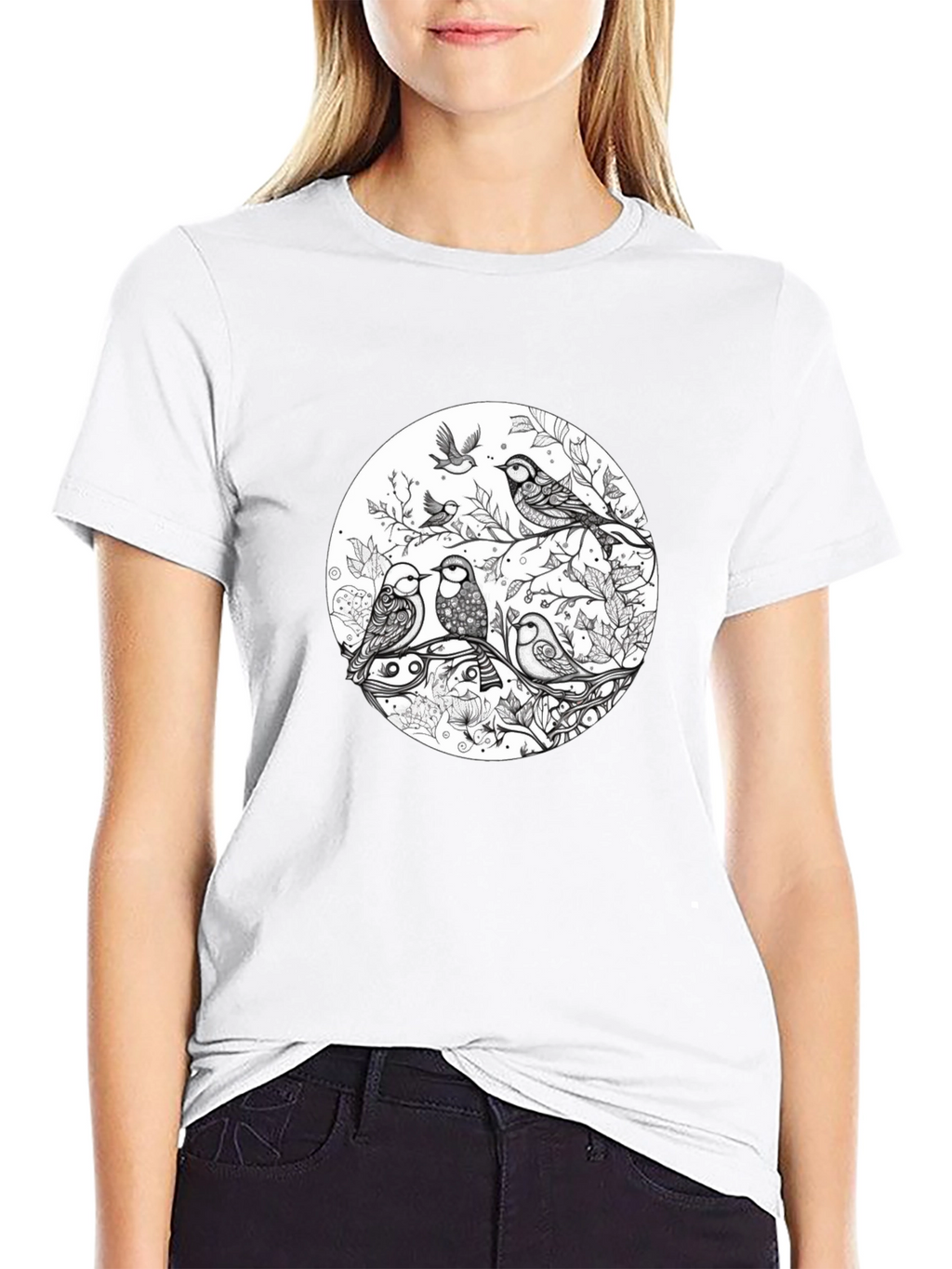 Birds on Branch Graphic Black T-Shirt