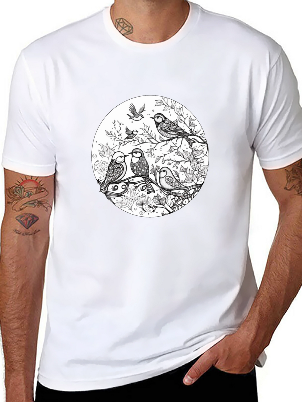 Birds on Branch Graphic Black T-Shirt