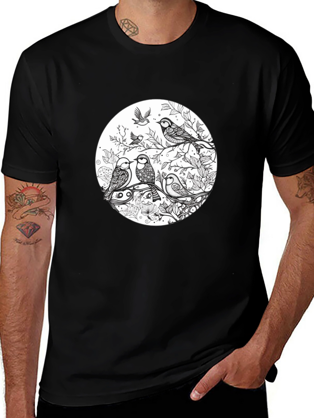 Birds on Branch Graphic Black T-Shirt