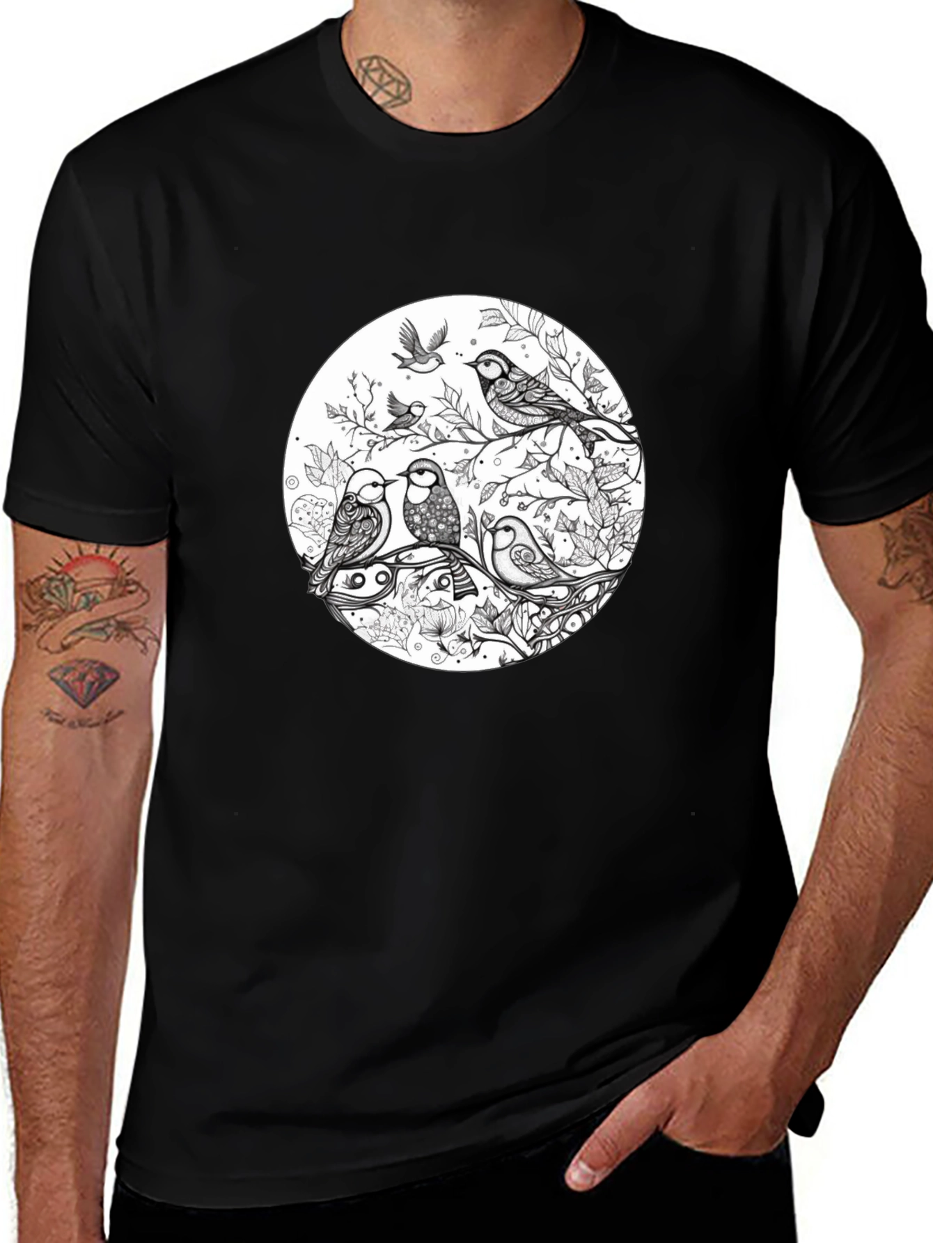 Birds on Branch Graphic Black T-Shirt