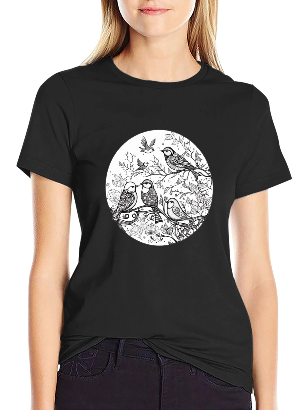 Birds on Branch Graphic Black T-Shirt