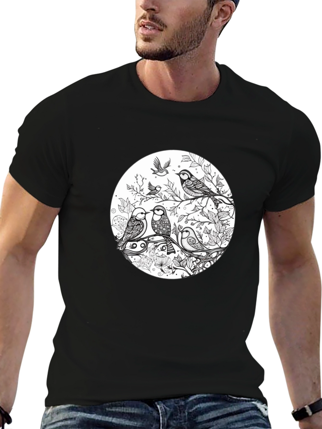 Birds on Branch Graphic Black T-Shirt