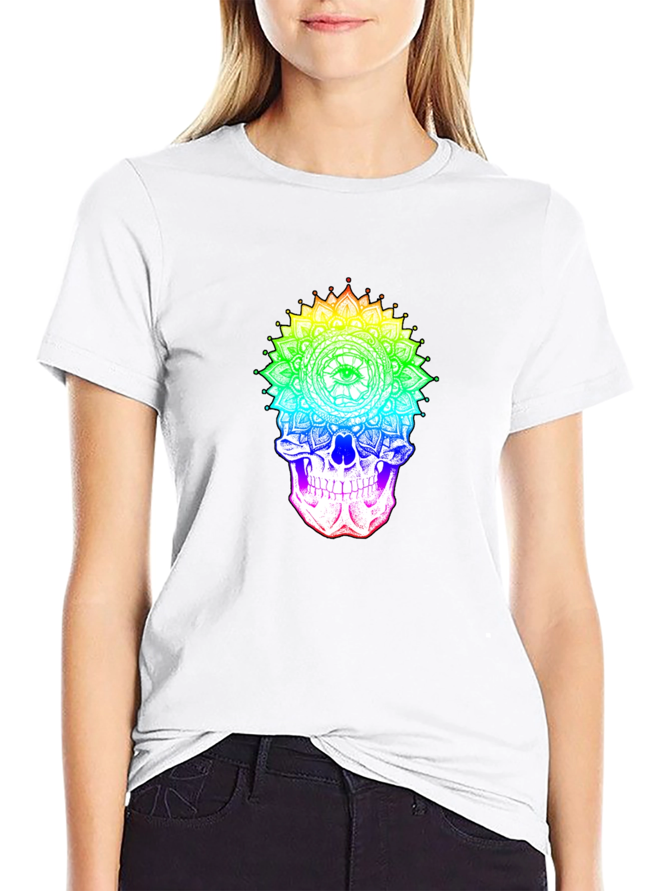 Rainbow Skull Mandala Graphic Tee - Unique Design