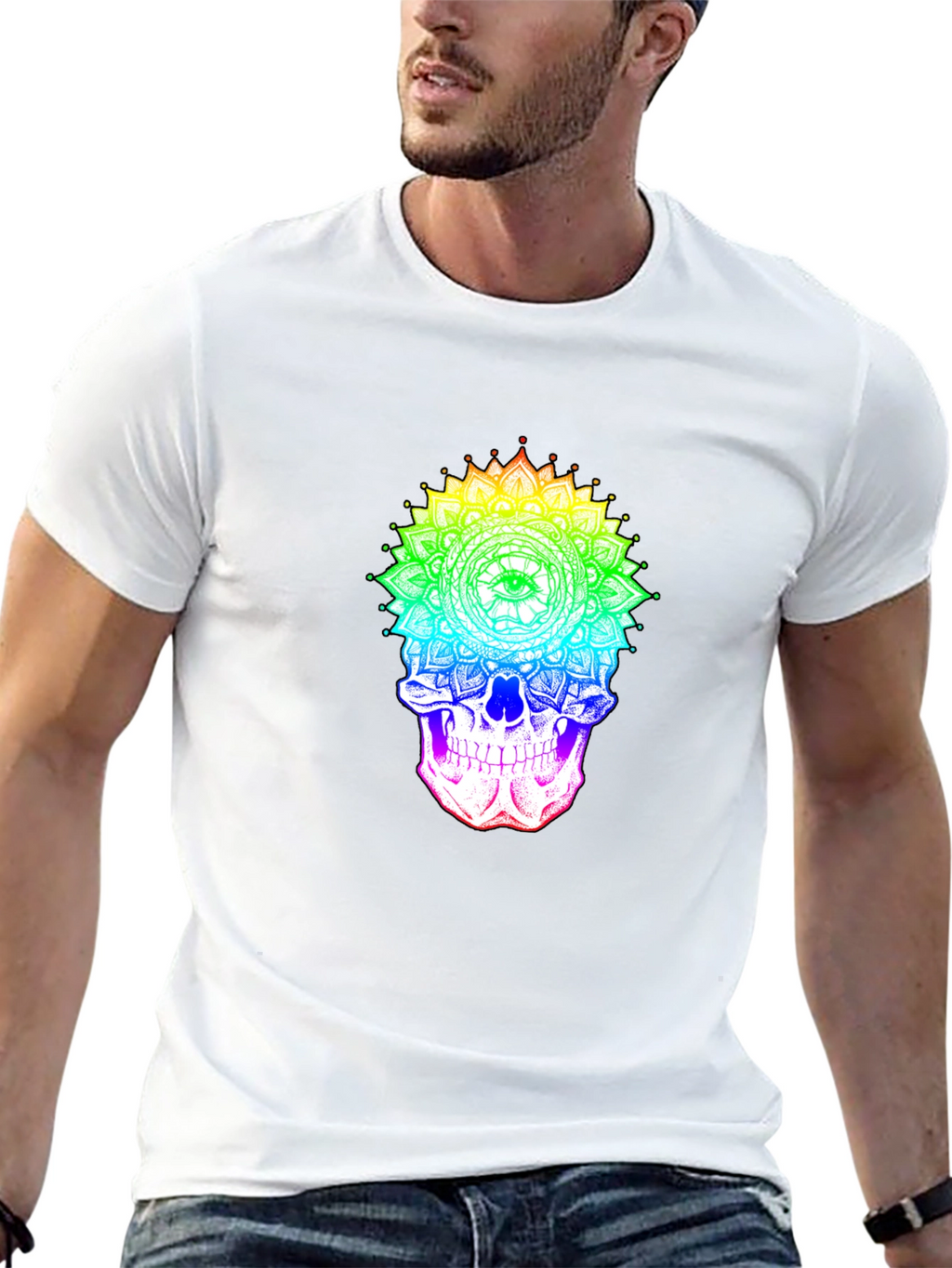 Rainbow Skull Mandala Graphic Tee - Unique Design