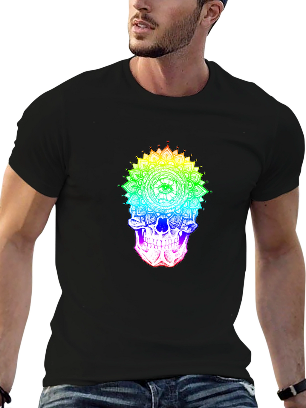 Rainbow Skull Mandala Graphic Tee - Unique Design