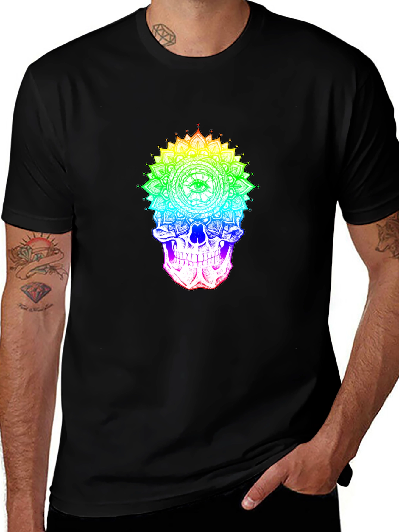 Rainbow Skull Mandala Graphic Tee - Unique Design