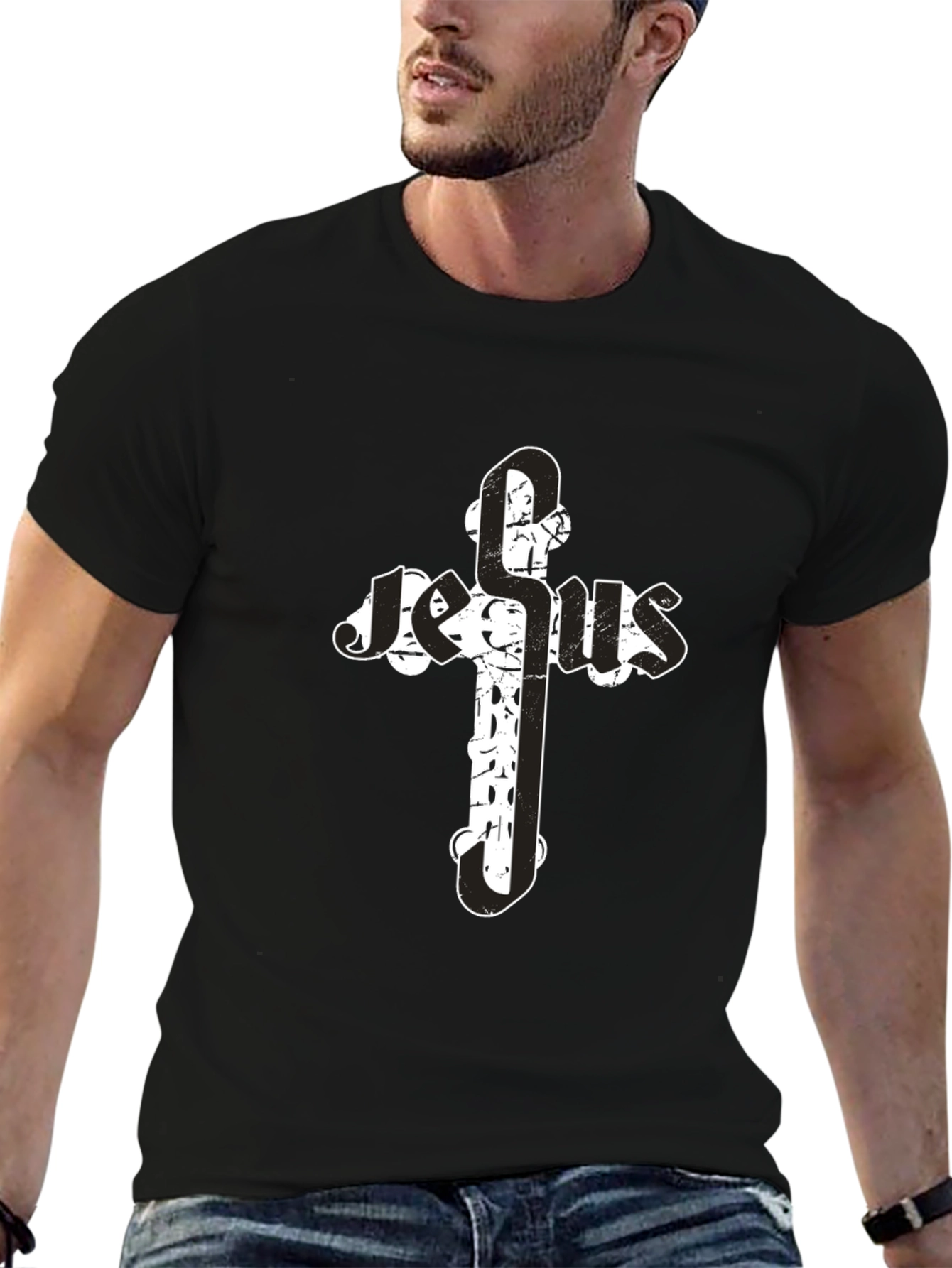 Jesus Cross Graphic T-Shirt - Black Cotton Blend