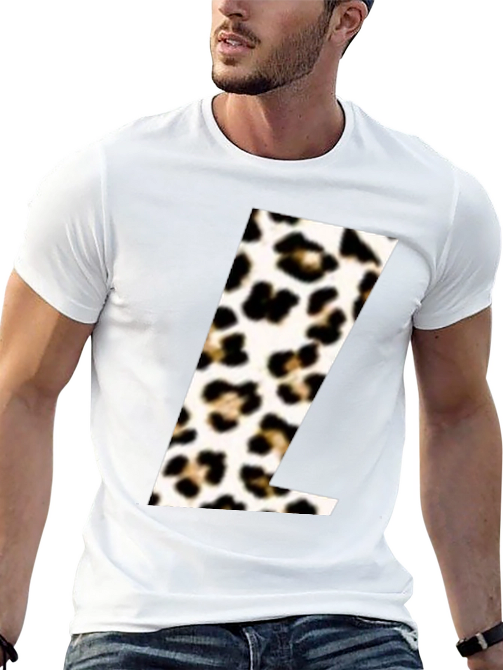 Leopard Print L Initial Black T-Shirt