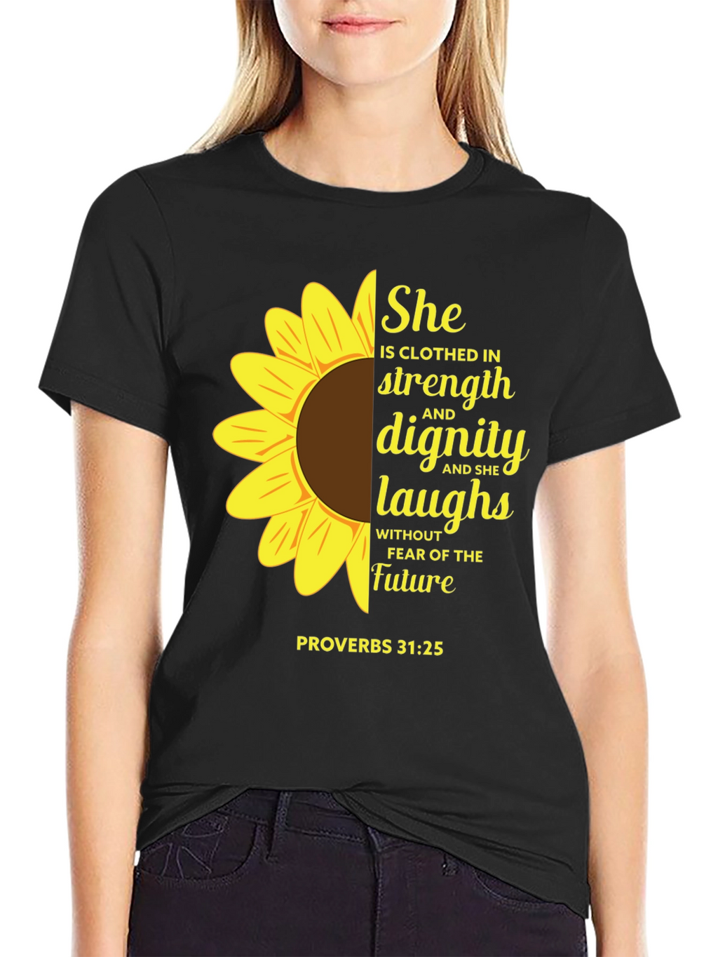 Sunflower Proverbs 31:25 Black T-Shirt