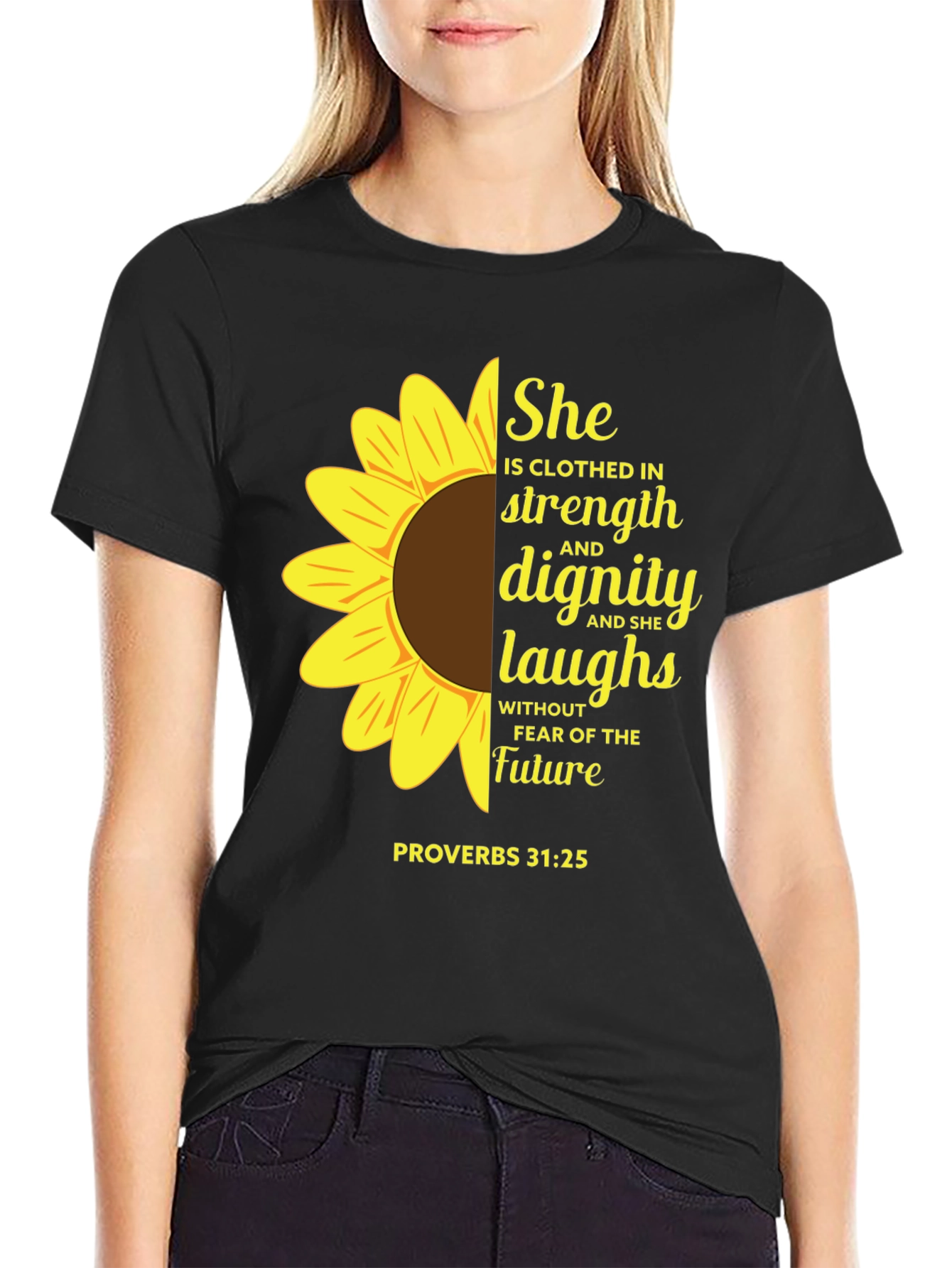 Sunflower Proverbs 31:25 Black T-Shirt