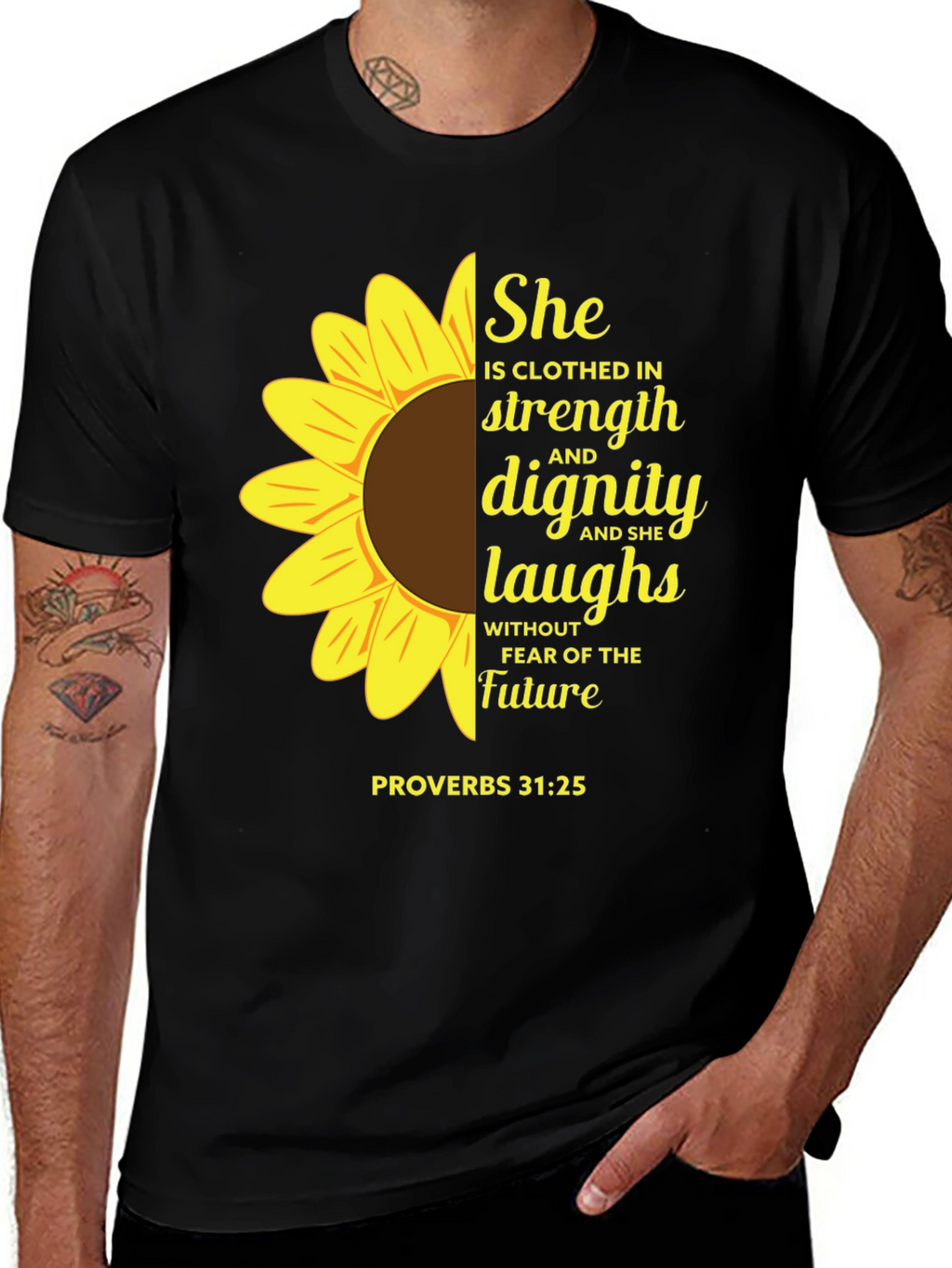 Sunflower Proverbs 31:25 Black T-Shirt