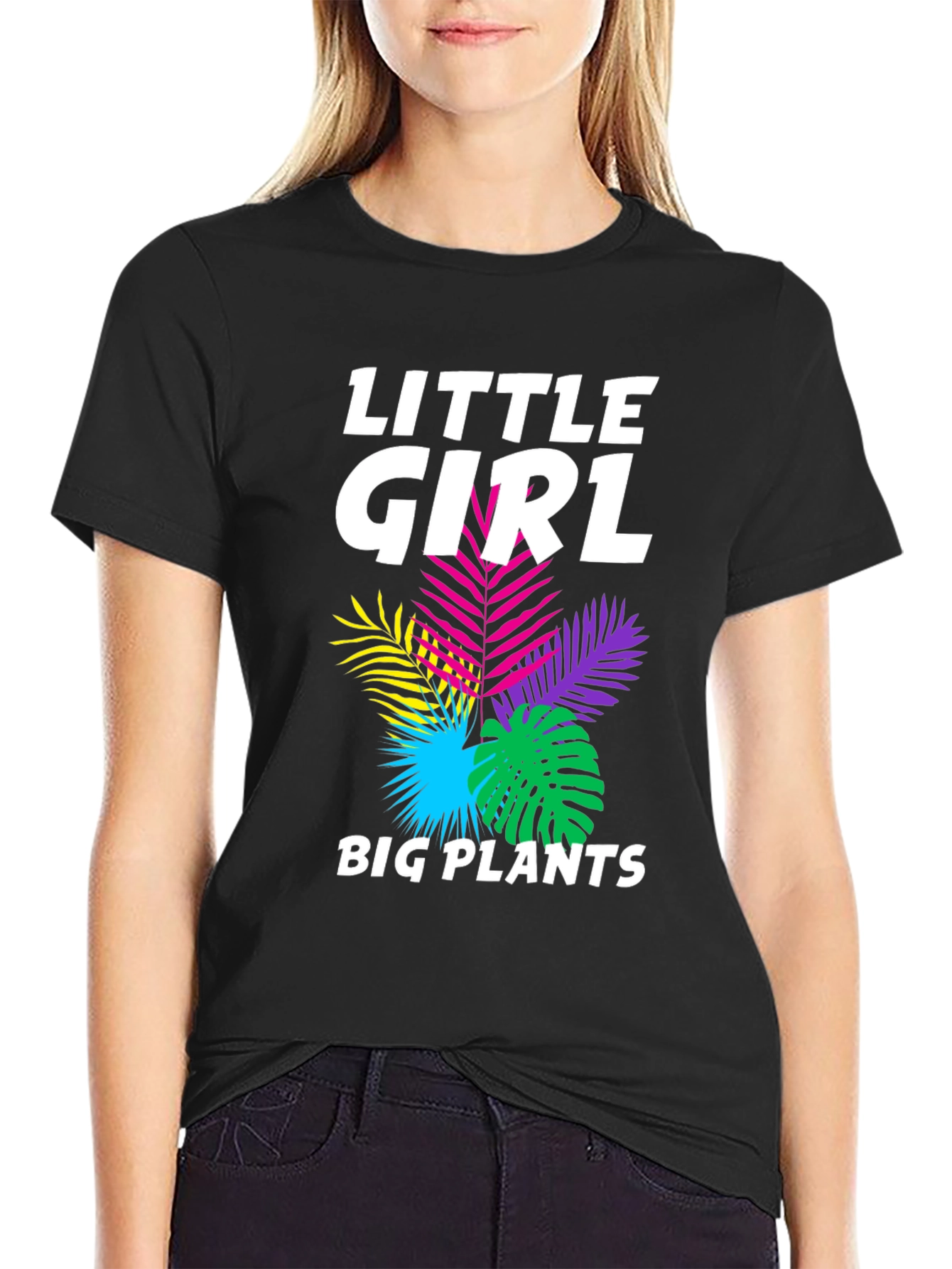 Little Girl Big Plants Black Graphic Tee Shirt