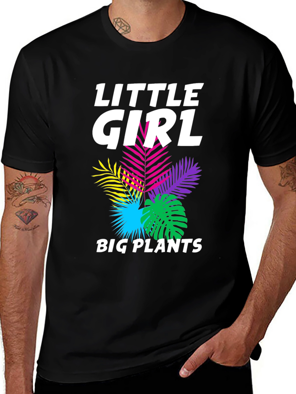 Little Girl Big Plants Black Graphic Tee Shirt