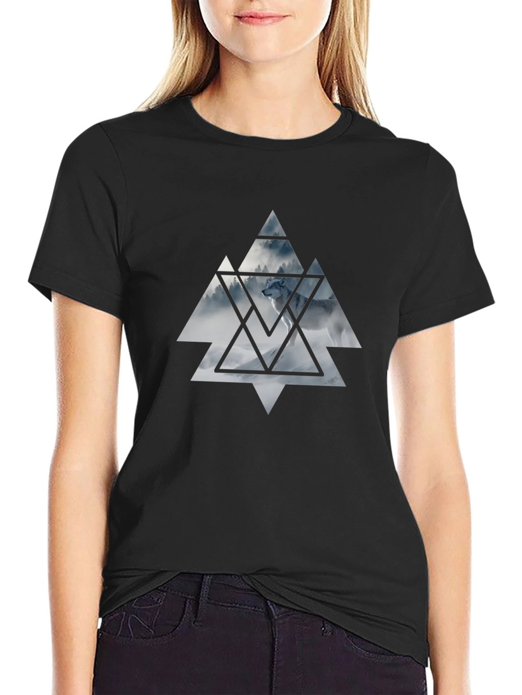 Mens Black T-Shirt Wolf Triangle Graphic Tee