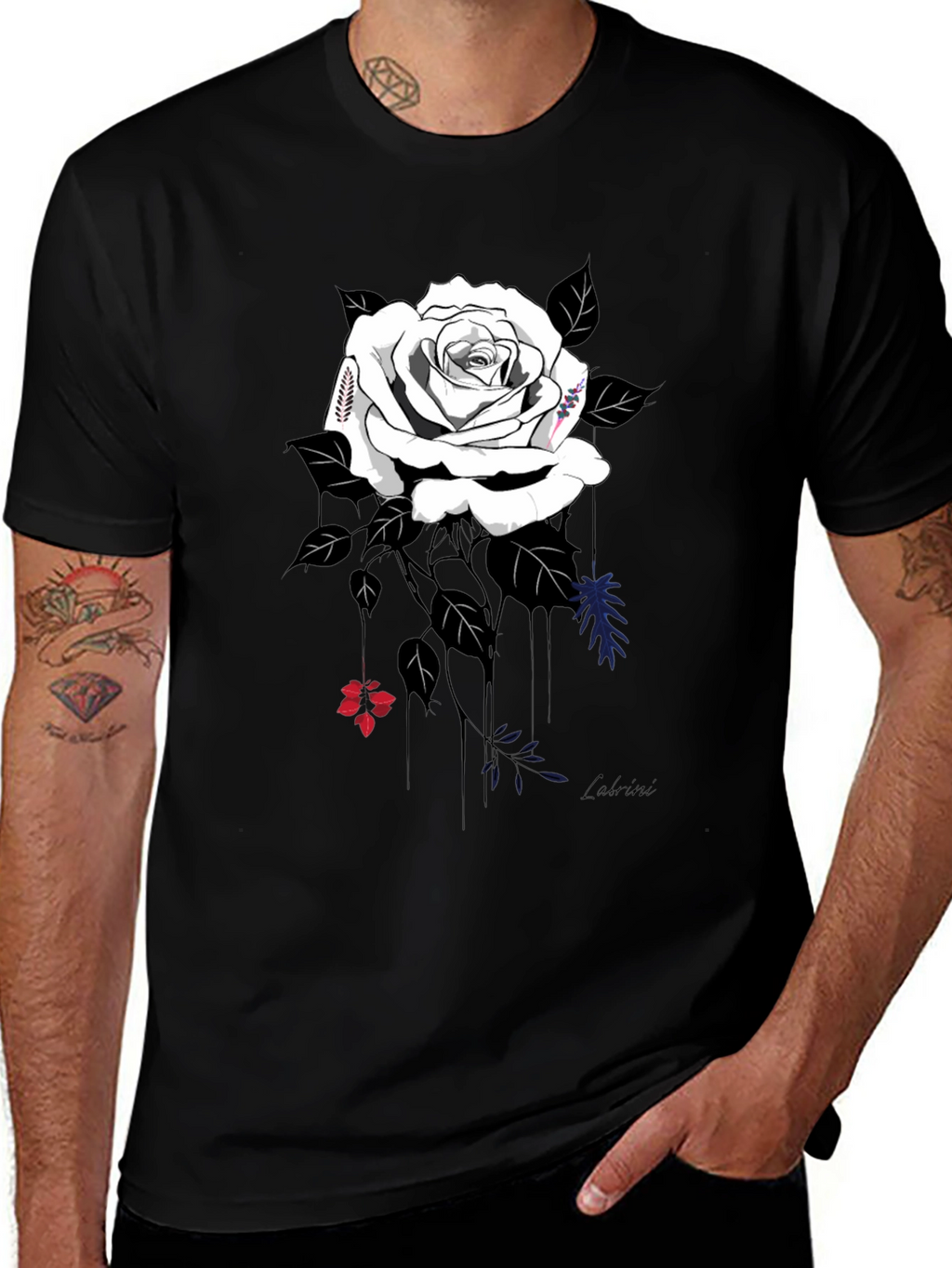 Elegant Rose Graphic Tee - Stylish Black Cotton Blend