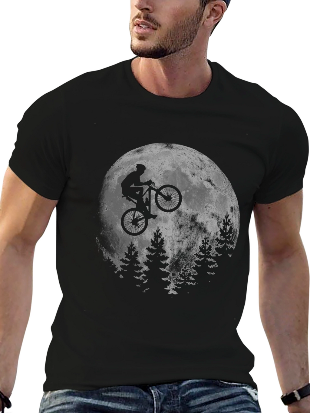 Biker Moon Graphic T-Shirt - Black Cotton Blend