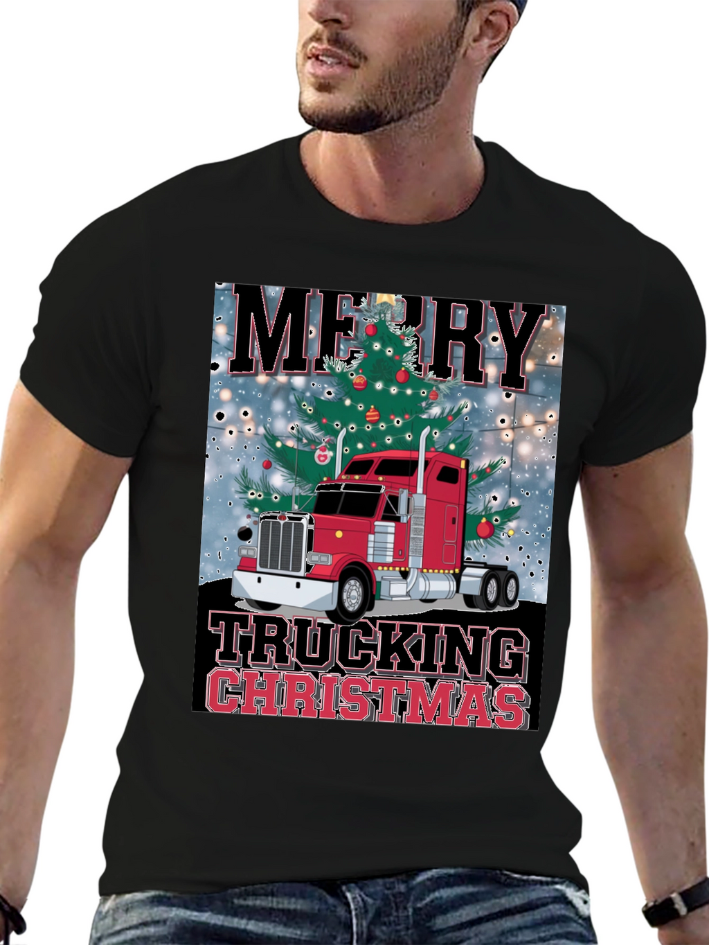 Merry Trucking Christmas Black T-Shirt