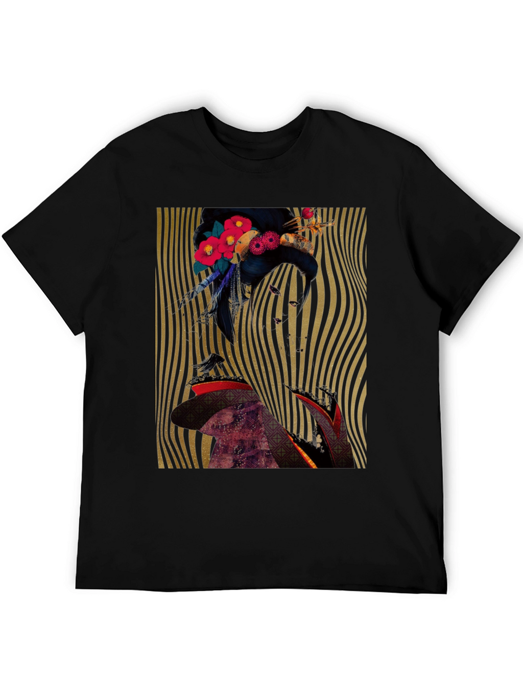 Floral Geisha Graphic Print Black T-Shirt