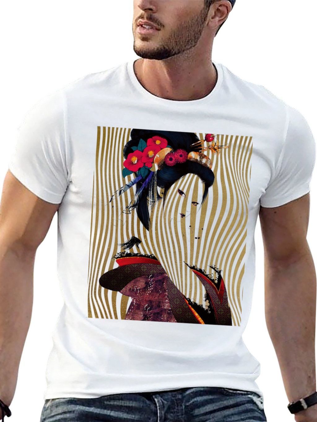 Floral Geisha Graphic Print Black T-Shirt