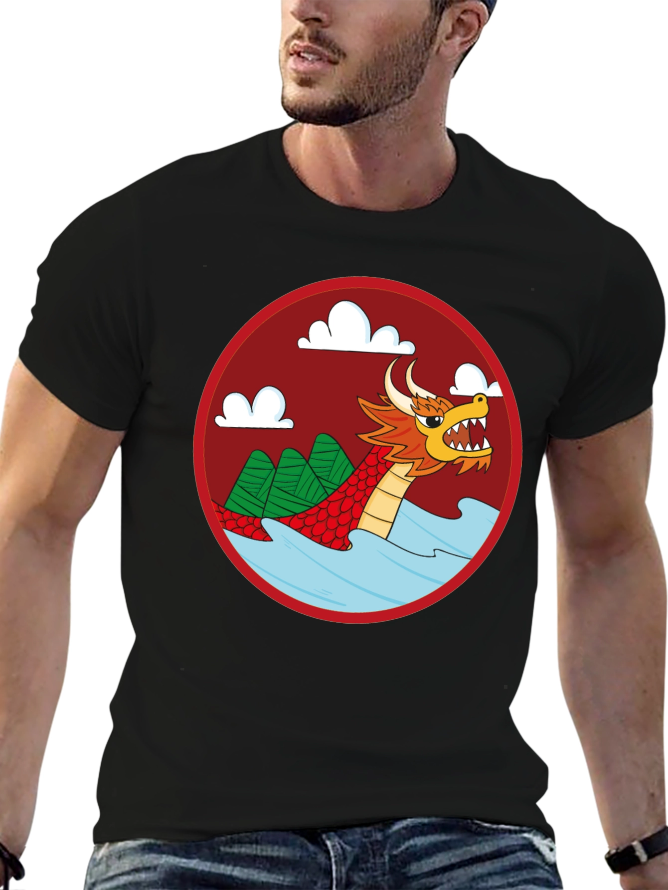 Dragon Graphic Tee - Black Crew Neck Cotton T-Shirt