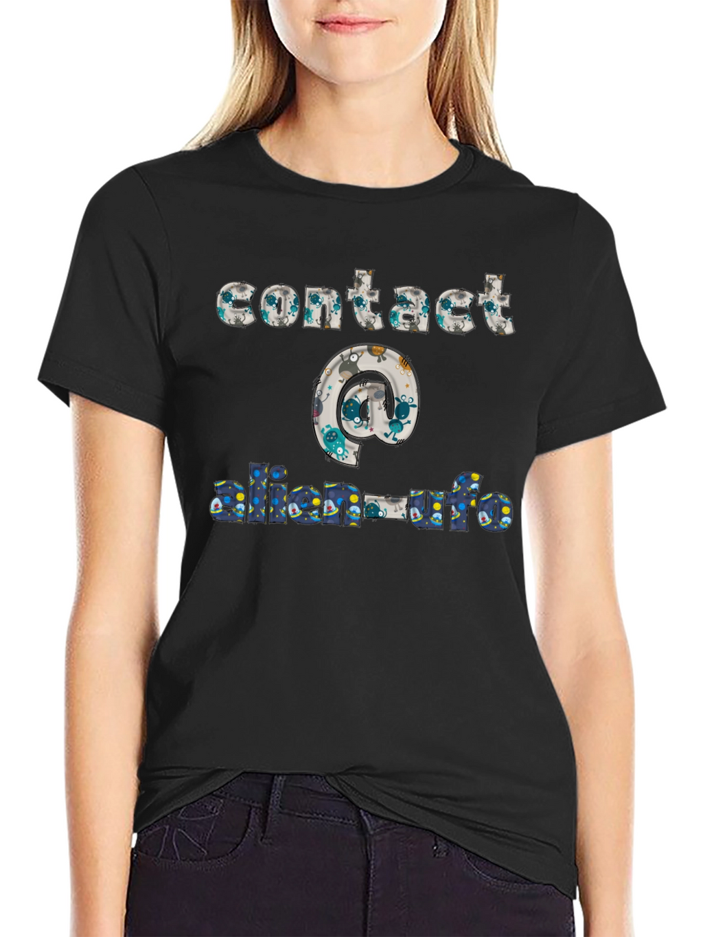 Contact Alien UFO T-Shirt Black Cotton
