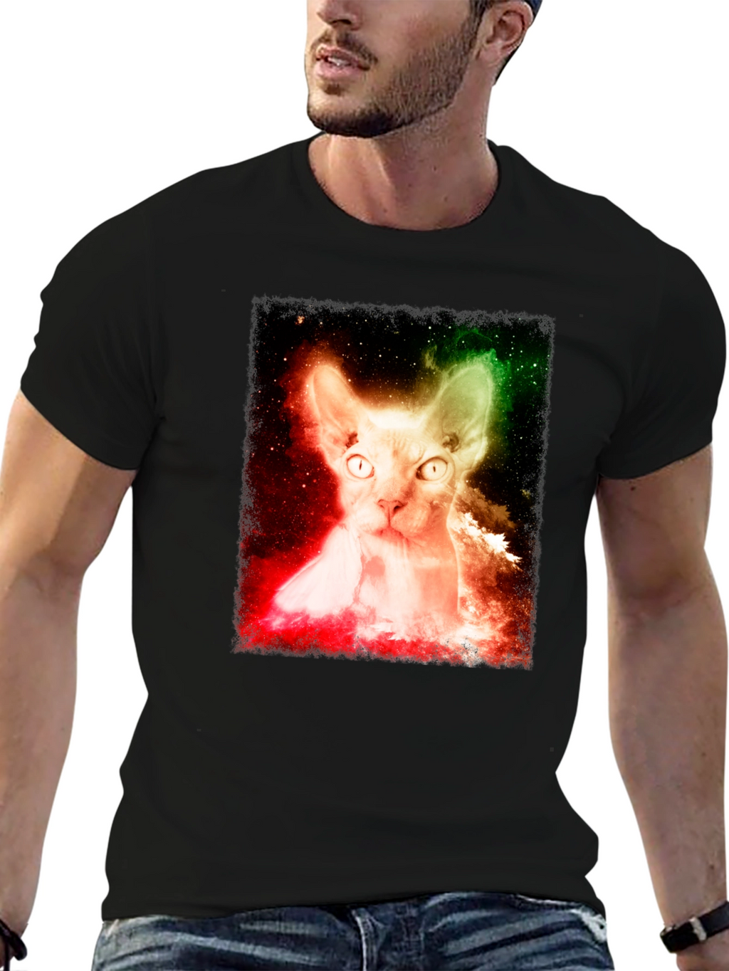 Cosmic Cat Graphic Tee - Space Galaxy Sphynx T-Shirt