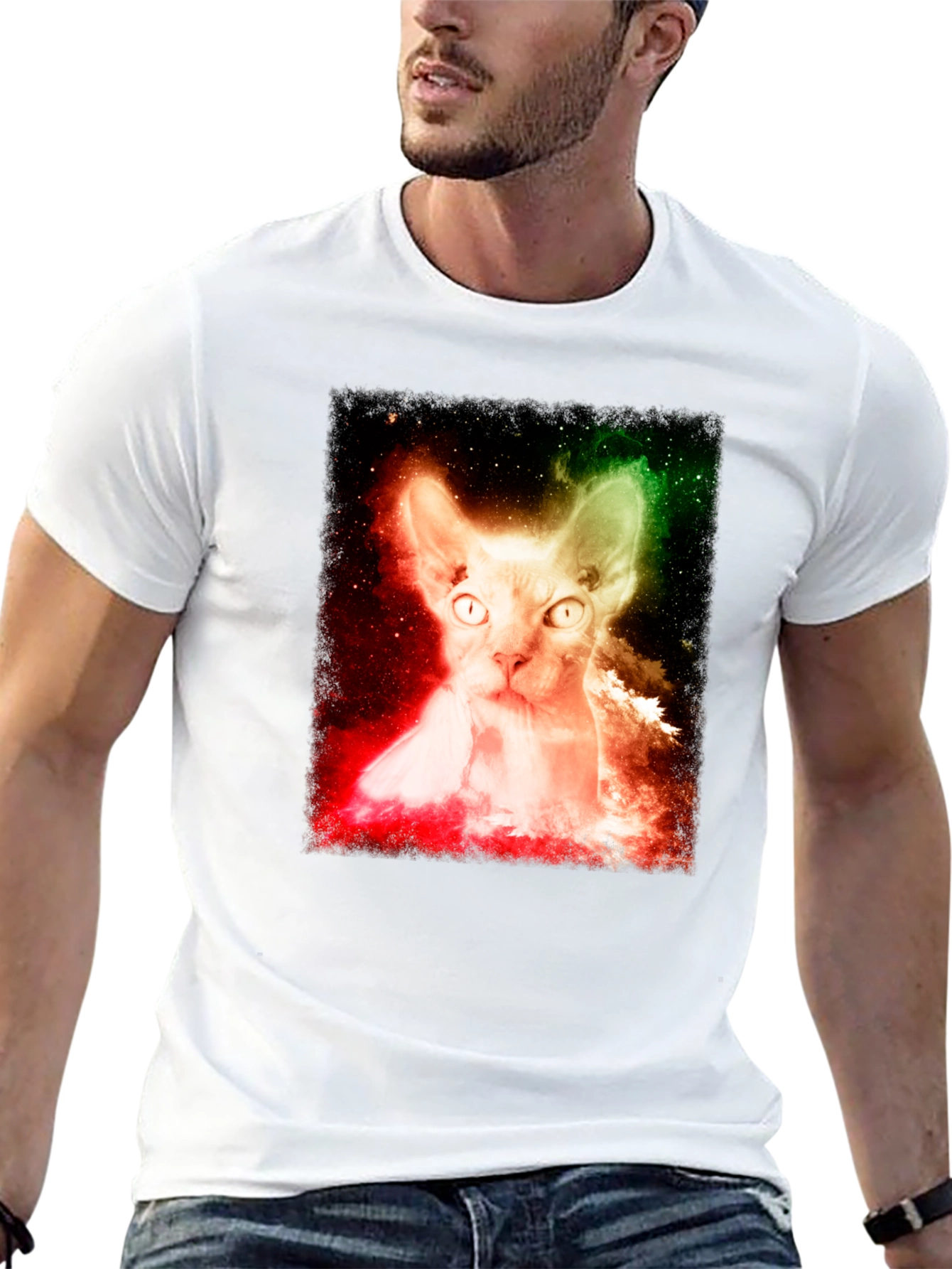 Cosmic Cat Graphic Tee - Space Galaxy Sphynx T-Shirt