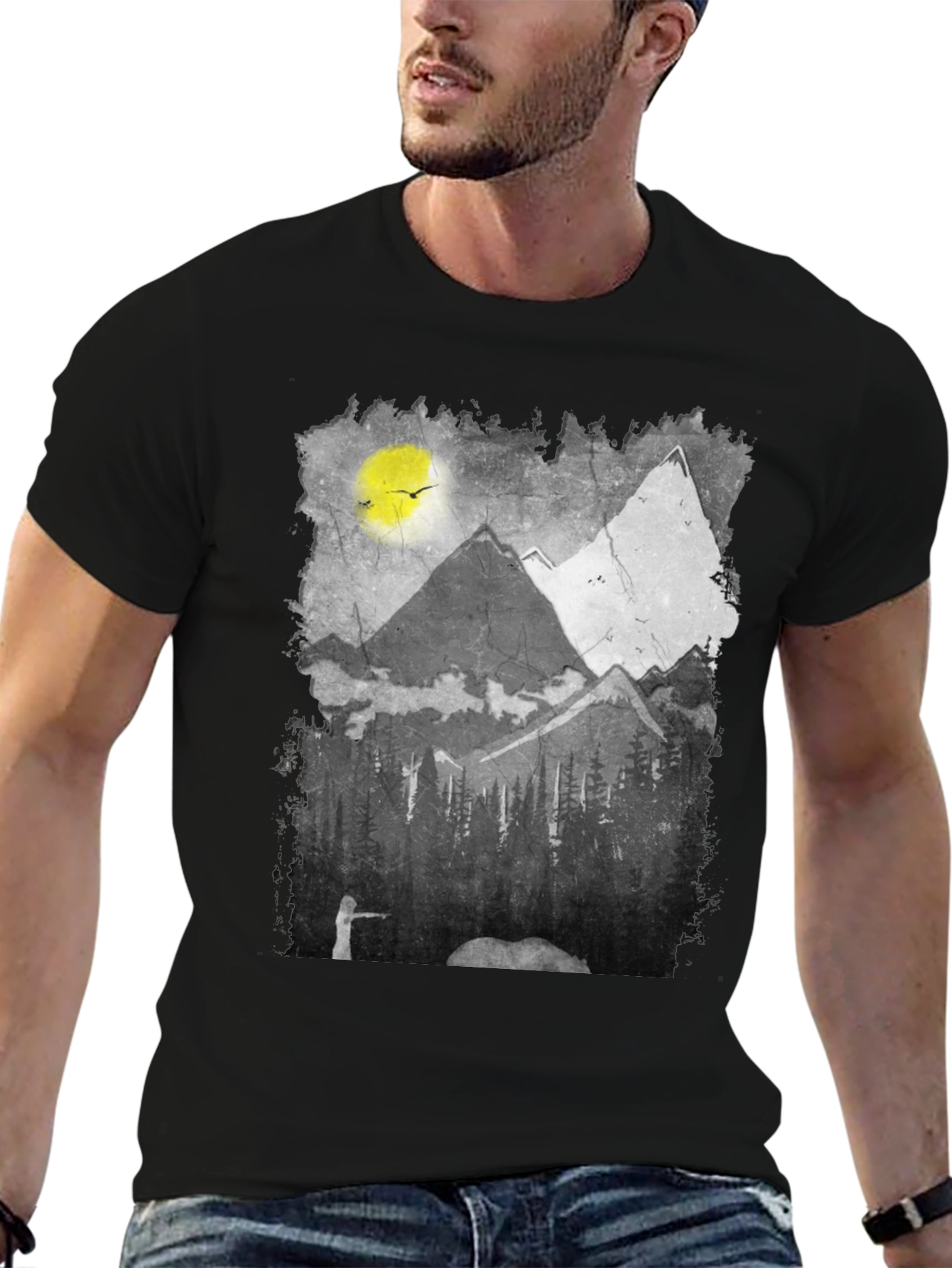 Mountain Scene Graphic Tee - Nature Inspired Black T-Shirt