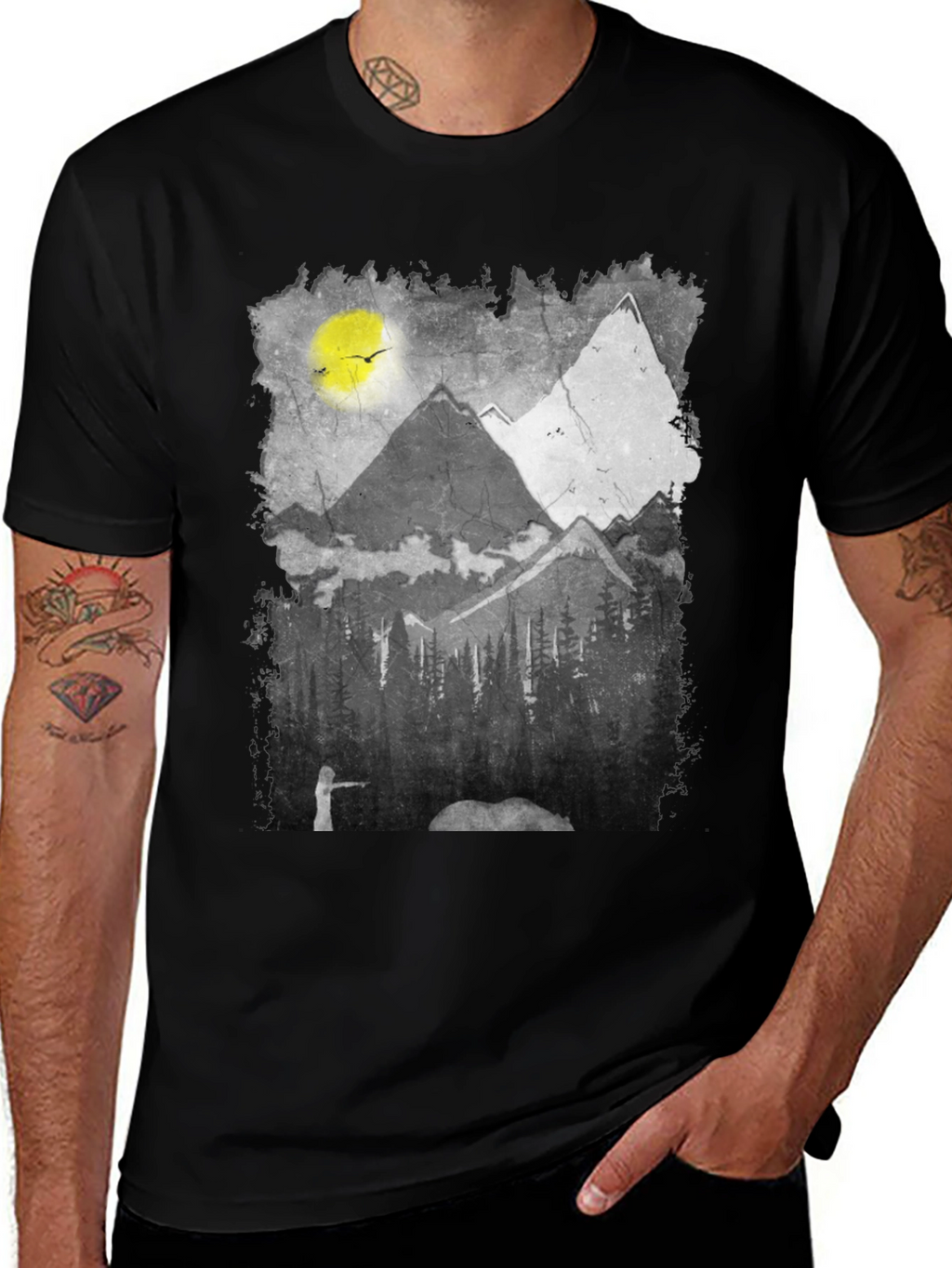 Mountain Scene Graphic Tee - Nature Inspired Black T-Shirt