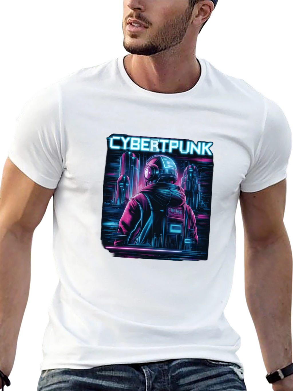 Cyberpunk Neon City Graphic Black T-Shirt