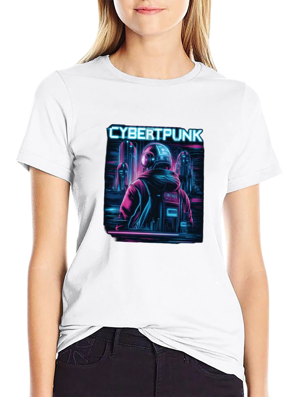 Cyberpunk Neon City Graphic Black T-Shirt