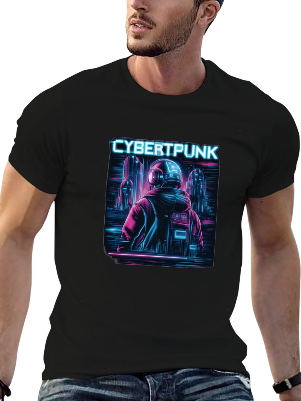 Cyberpunk Neon City Graphic Black T-Shirt