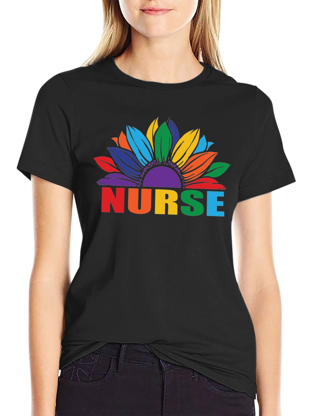 Rainbow Nurse Sunflower Black T-Shirt