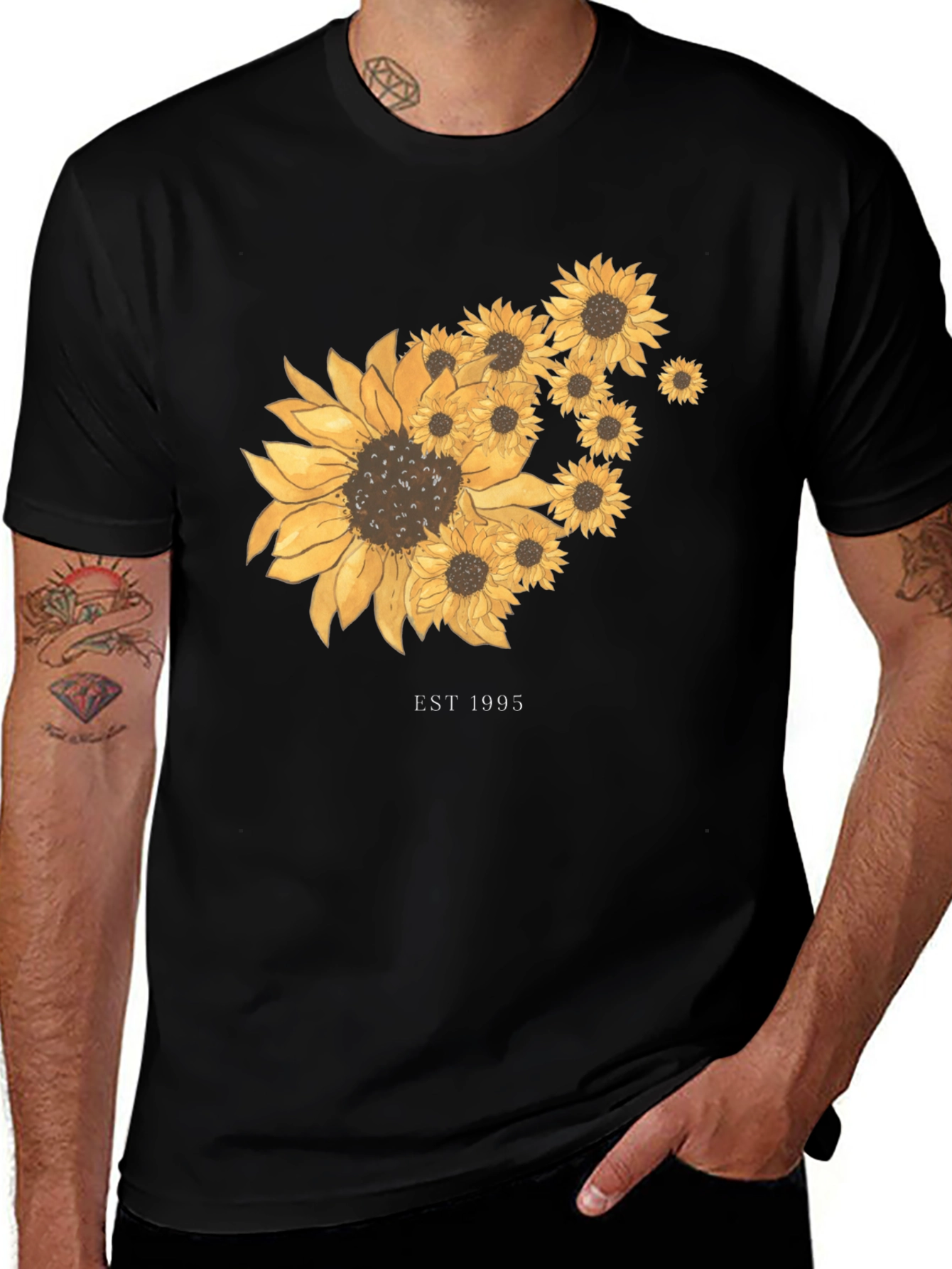 Sunflower Graphic Tee - Est. 1995 - Black Cotton T-Shirt