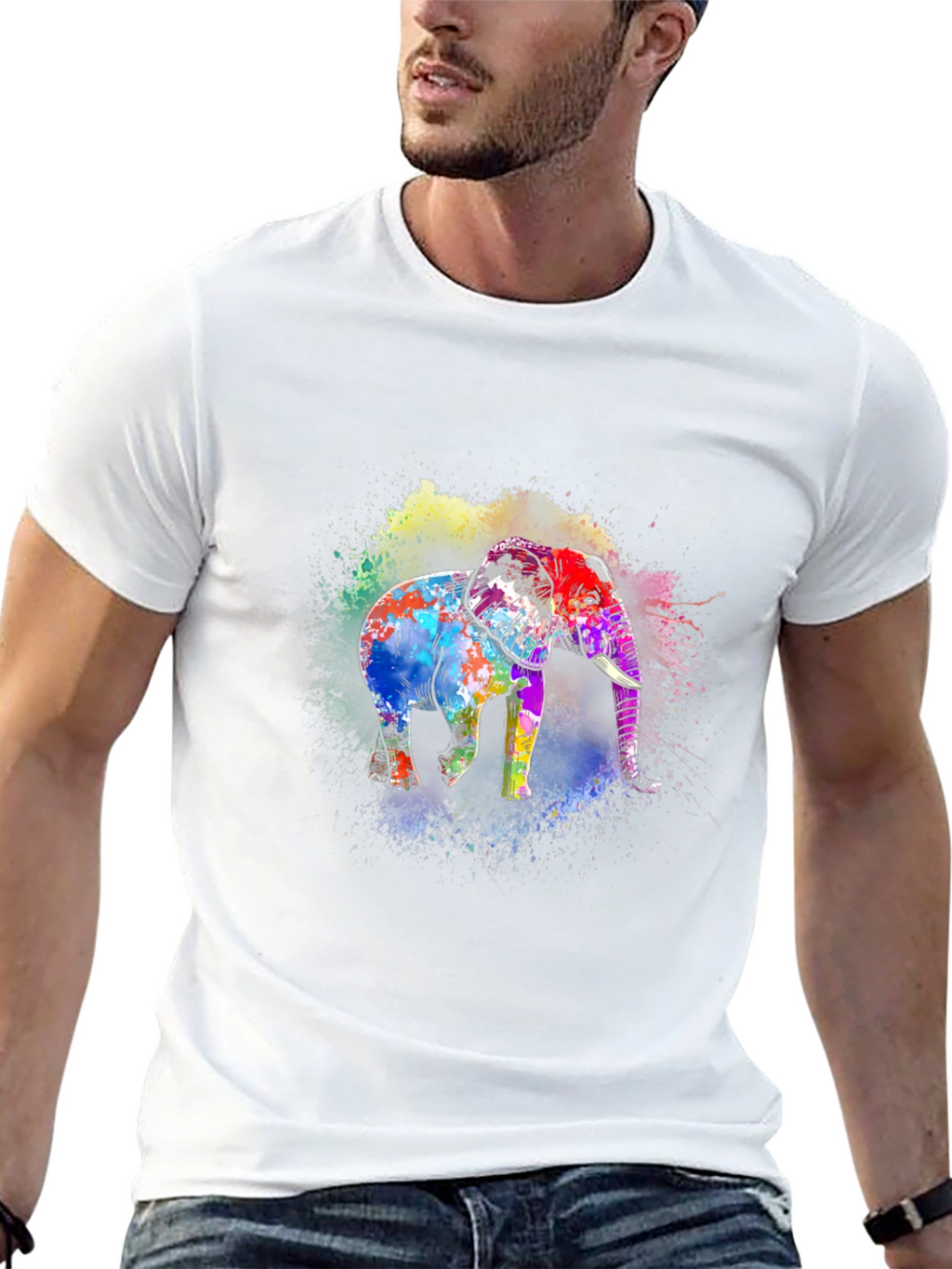 Vibrant Elephant Print Black T-Shirt