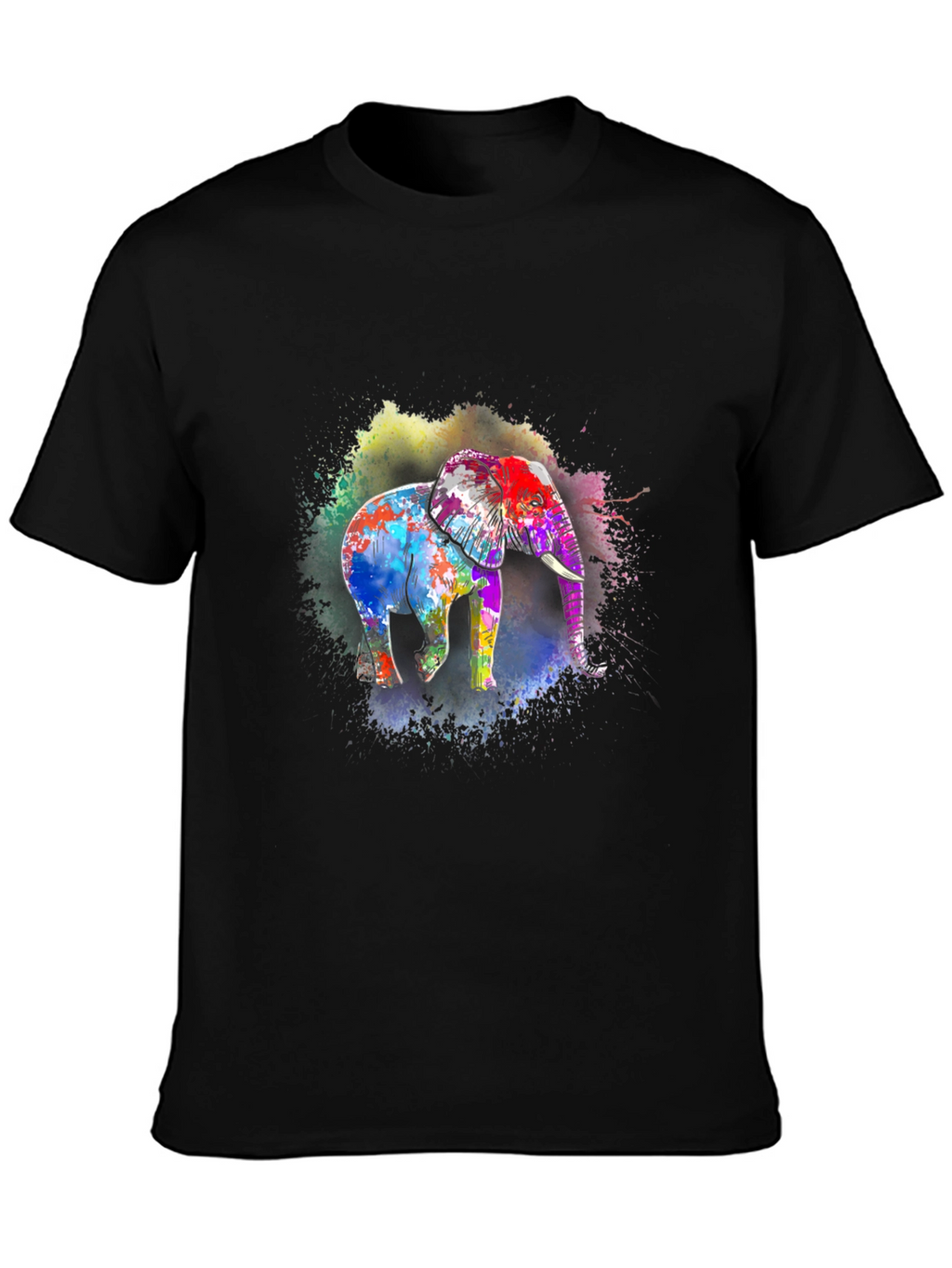 Vibrant Elephant Print Black T-Shirt
