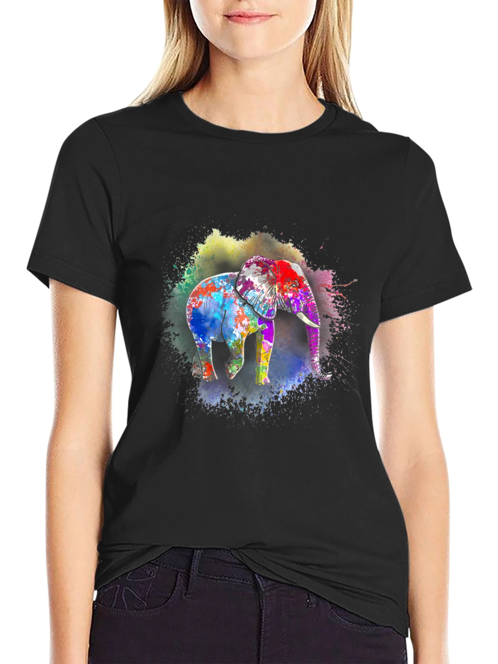 Vibrant Elephant Print Black T-Shirt