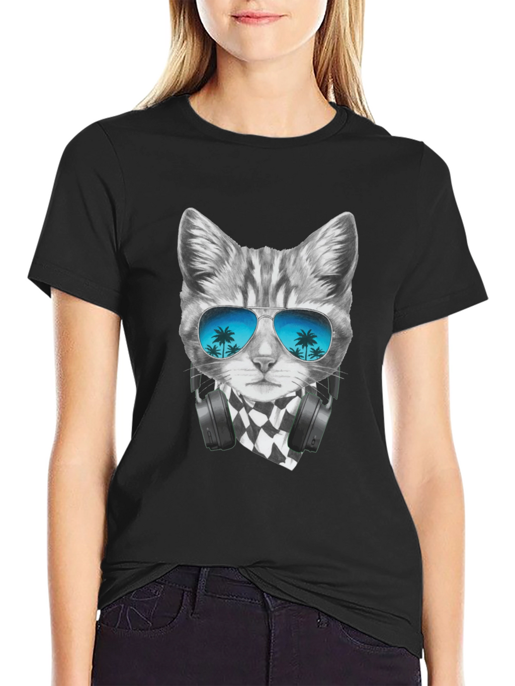 Cool Cat T-Shirt - Palm Tree Sunglasses & Headphones