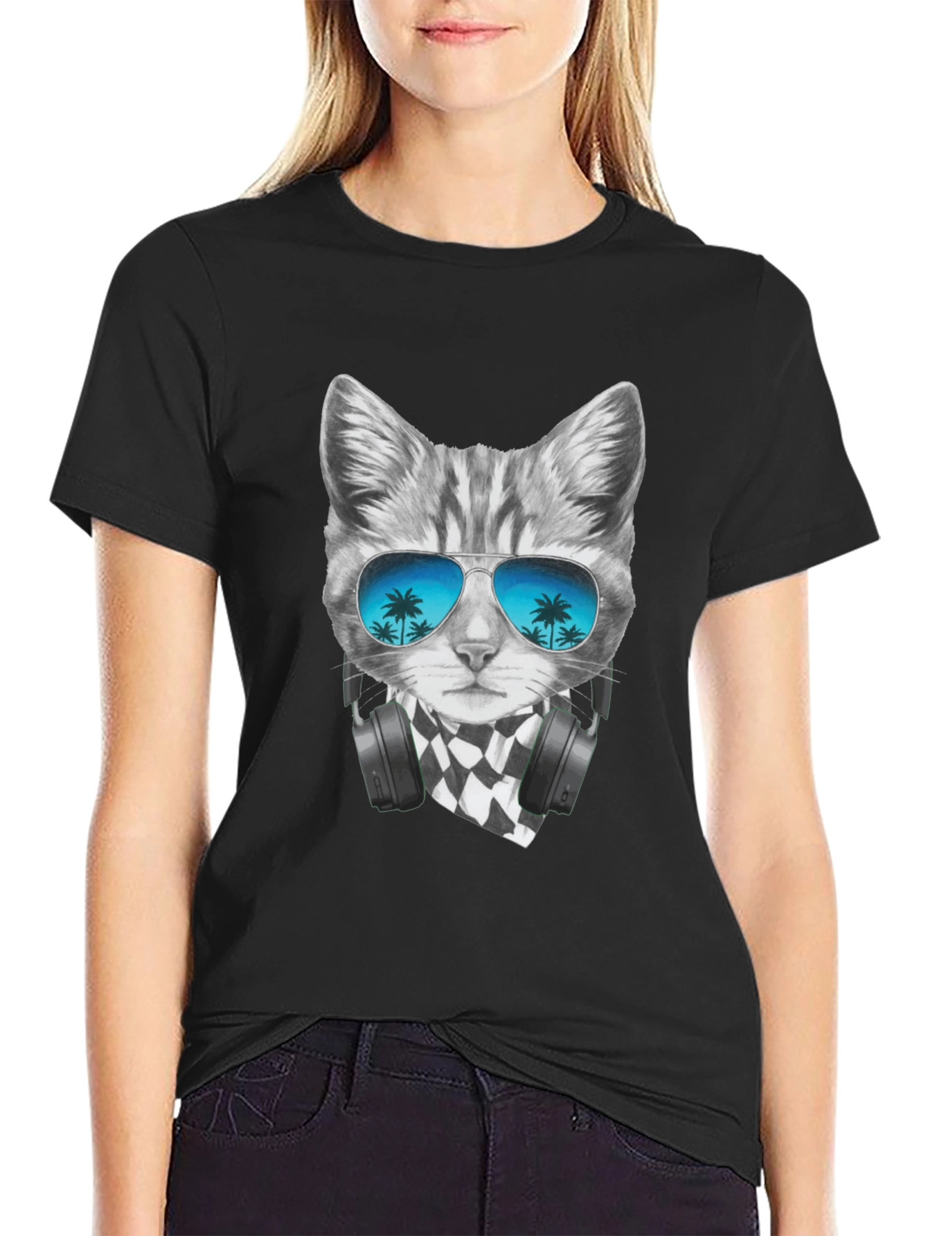 Cool Cat T-Shirt - Palm Tree Sunglasses & Headphones