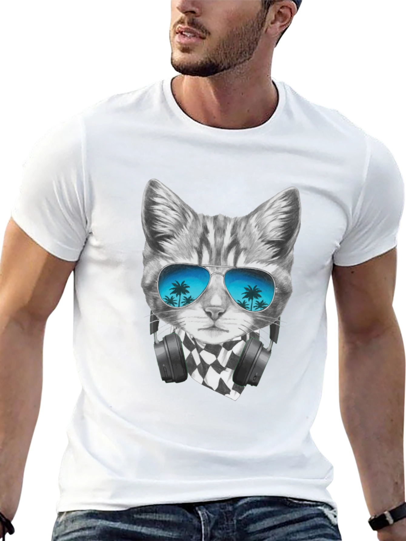 Cool Cat T-Shirt - Palm Tree Sunglasses & Headphones