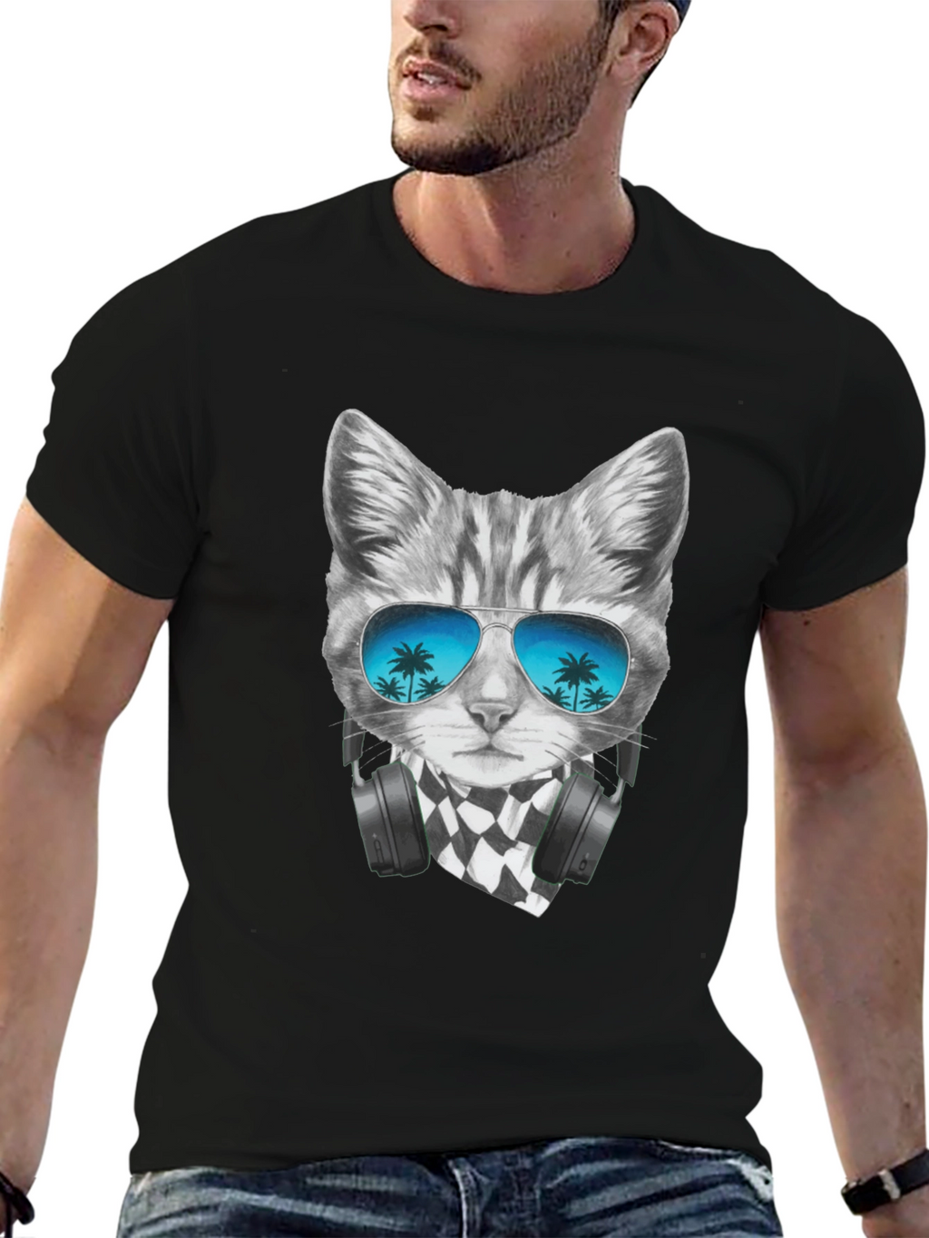 Cool Cat T-Shirt - Palm Tree Sunglasses & Headphones