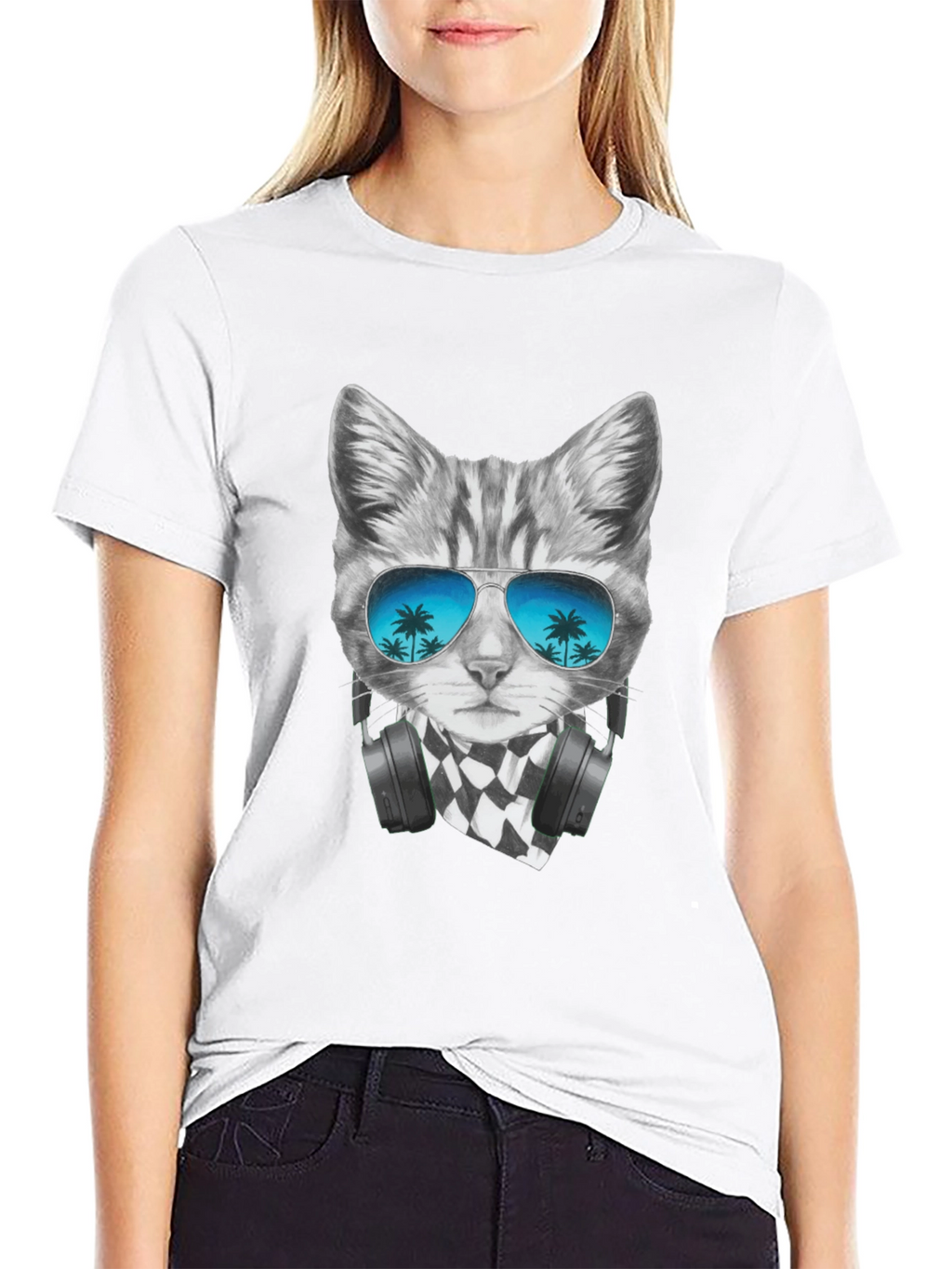 Cool Cat T-Shirt - Palm Tree Sunglasses & Headphones