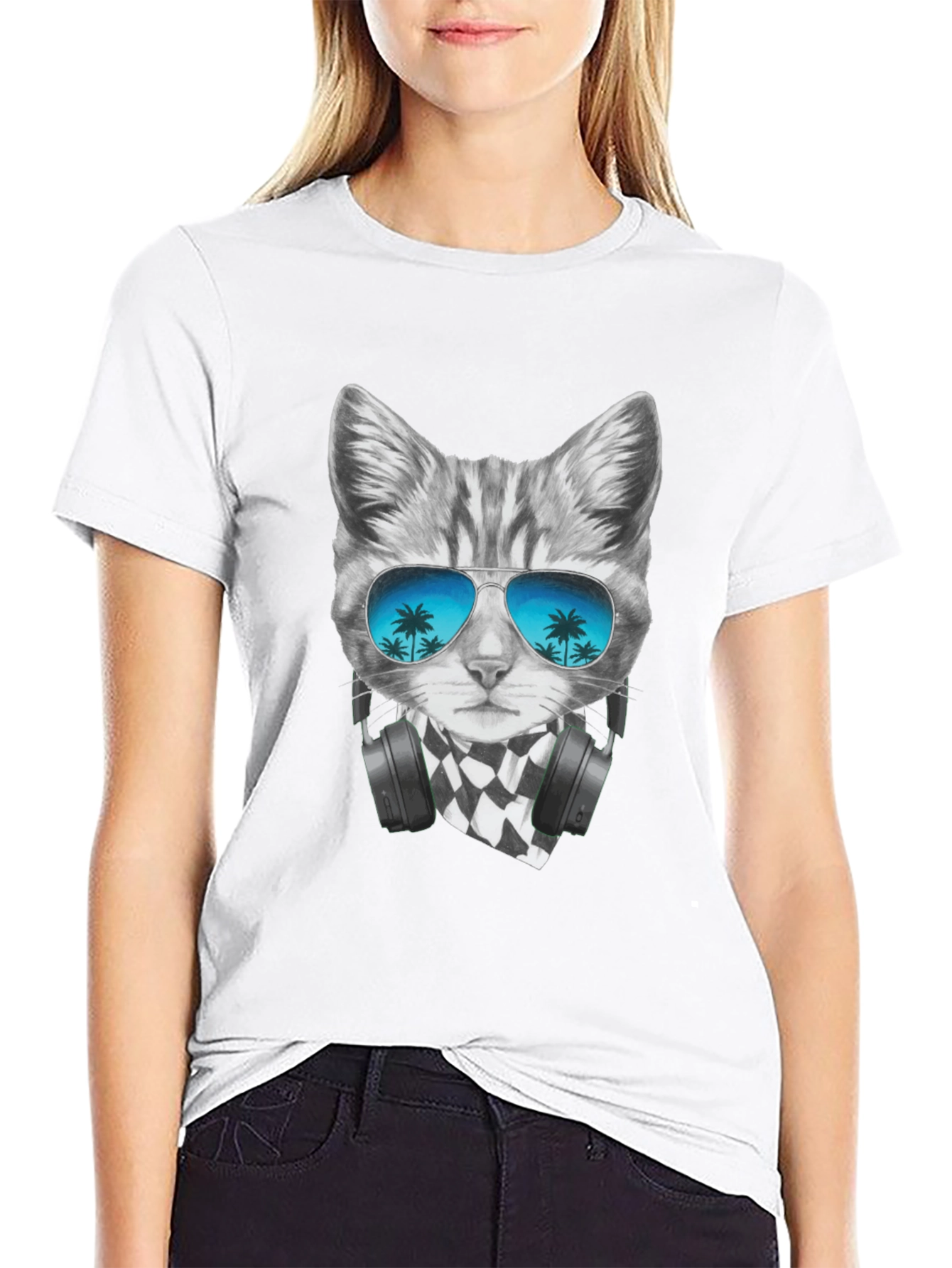 Cool Cat T-Shirt - Palm Tree Sunglasses & Headphones