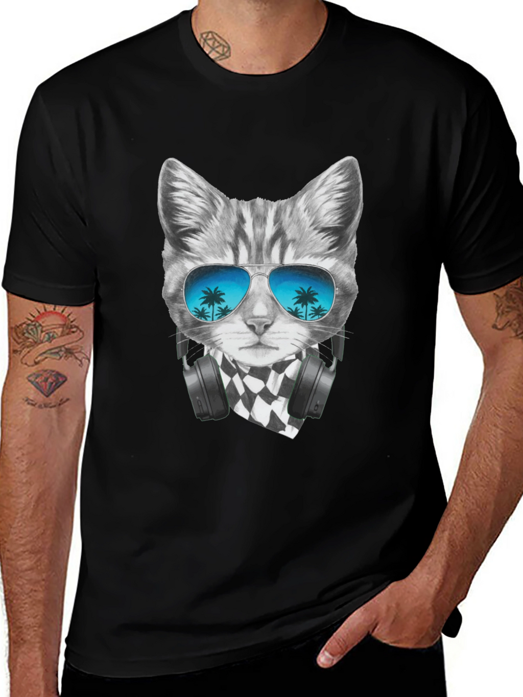 Cool Cat T-Shirt - Palm Tree Sunglasses & Headphones