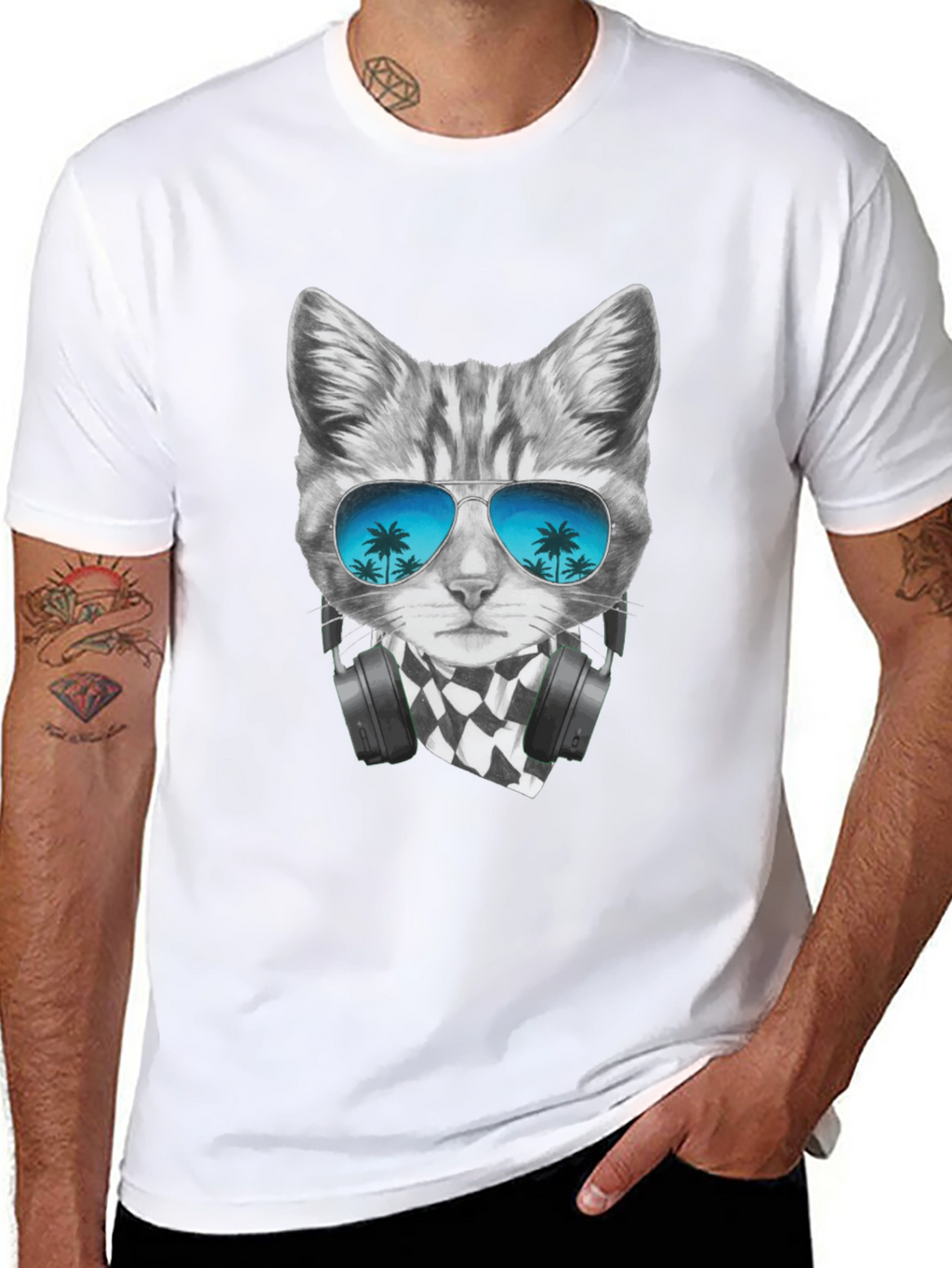 Cool Cat T-Shirt - Palm Tree Sunglasses & Headphones